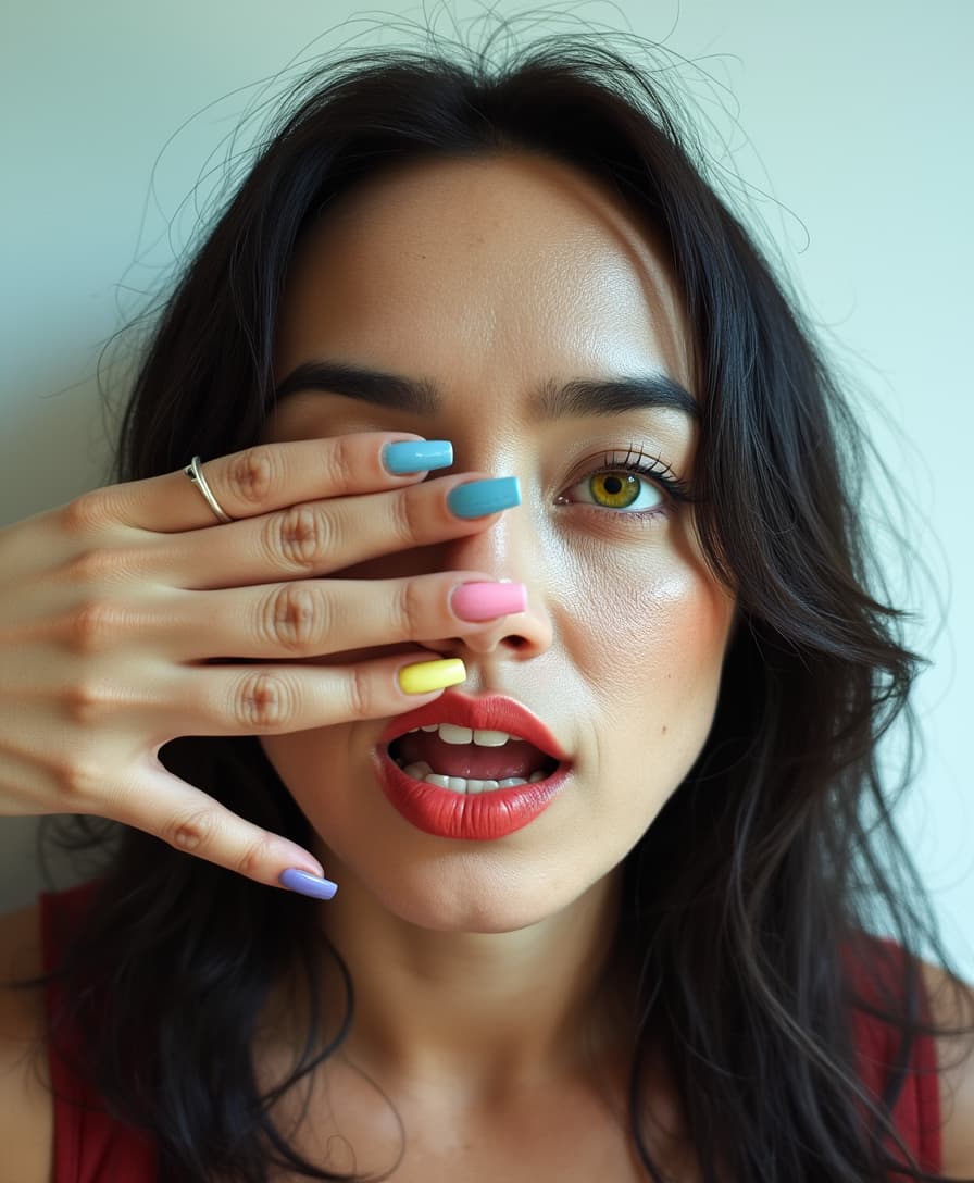 analog film photo of a cinematic realism footage of TOKALEMAP with colorful nails covering her eyes, detailed background, vivid color, cinematic shadows, cinematic color, chiaroscuro, perfect cinematic image, perfect body, perfect anatomy, sharp image, detailed image, high quality photography, cinematic skin tone color, cinematic skin pore, cinematic photography style, digital cinematography style, 1girl, solo, open mouth, simple background, white background, teeth, nail polish, lips, makeup, parody, lipstick, realistic, blue nails, yellow nails, black hair, yellow eyes, long hair, portrait, pink nails, red lips, looking at viewer, faded film, desaturated, 35mm photo, grainy, vignette, vintage, Kodachrome, Lomography, stained, highly detailed, found footage