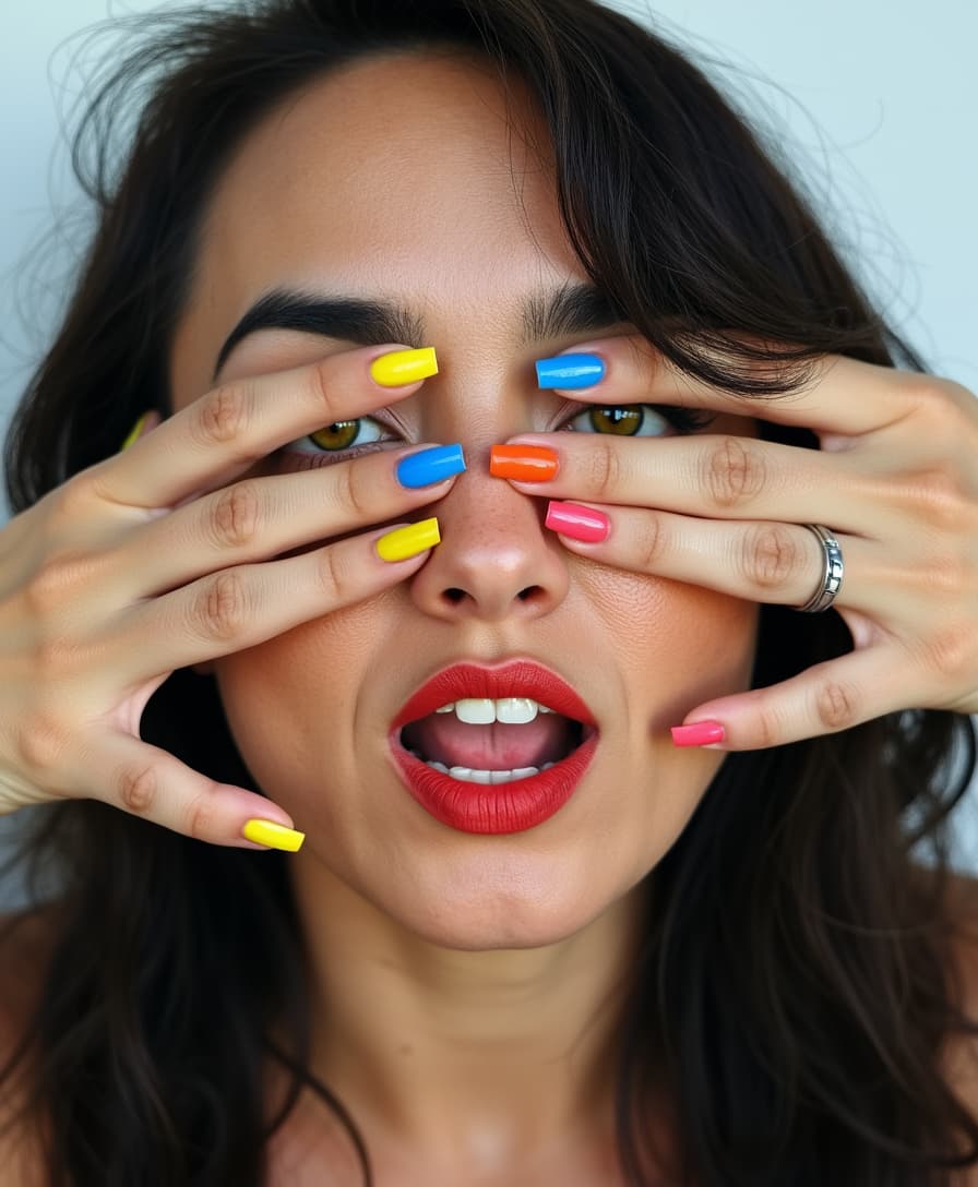 analog film photo of a cinematic realism footage of TOKALEMAP with colorful nails covering her eyes, detailed background, vivid color, cinematic shadows, cinematic color, chiaroscuro, perfect cinematic image, perfect body, perfect anatomy, sharp image, detailed image, high quality photography, cinematic skin tone color, cinematic skin pore, cinematic photography style, digital cinematography style, 1girl, solo, open mouth, simple background, white background, teeth, nail polish, lips, makeup, parody, lipstick, realistic, blue nails, yellow nails, black hair, yellow eyes, long hair, portrait, pink nails, red lips, looking at viewer, faded film, desaturated, 35mm photo, grainy, vignette, vintage, Kodachrome, Lomography, stained, highly detailed, found footage