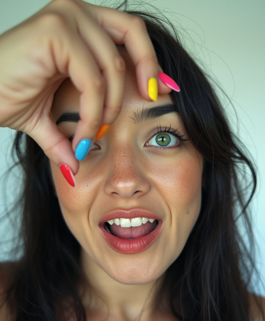 analog film photo of a cinematic realism footage of TOKALEMAP with colorful nails covering her eyes, detailed background, vivid color, cinematic shadows, cinematic color, chiaroscuro, perfect cinematic image, perfect body, perfect anatomy, sharp image, detailed image, high quality photography, cinematic skin tone color, cinematic skin pore, cinematic photography style, digital cinematography style, 1girl, solo, open mouth, simple background, white background, teeth, nail polish, lips, makeup, parody, lipstick, realistic, blue nails, yellow nails, black hair, green eyes, long hair, portrait, pink nails, red lips, looking at viewer, faded film, desaturated, 35mm photo, grainy, vignette, vintage, Kodachrome, Lomography, stained, highly detailed, found footage