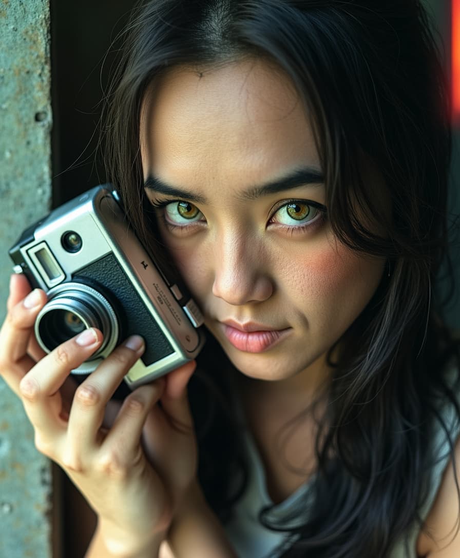 The image portrays a young TOKALEMAP woman with long, dark hair holding a vintage camera close to her face, partially obscuring one of her eyes. She gazes directly into the lens with an intense, thoughtful expression. The photograph has a distinct cinematic and nostalgic aesthetic, with soft lighting, a grainy texture, and subtle color grading that gives it a vintage, film-like quality.

Subject and Composition
The subject's face is positioned slightly off-center, drawing immediate attention to her sharp and expressive features. Her dark, well-defined eyebrows frame her deep-set eyes, which are slightly shadowed, adding to the introspective mood of the image. Her lips, which are slightly parted and tinted a natural red, contrast subtly with her smooth, pale skin. Strands of hair fall loosely across her face, reinforcing the unposed, organic nature of the portrait.

The camera she holds is an older model, silver and black with a rounded lens, possibly a vintage point-and-shoot film camera. Its reflective surface catches some light, making it a noticeable focal point. Her fingers gently rest on the camera's body, showcasing her relaxed grip, suggesting familiarity and comfort with the device. The camera partially obscures her left eye, creating an artistic and symbolic interplay between the act of capturing an image and being observed.

Lighting and Color Tone
The lighting in the image is soft and diffused, casting a gentle glow on the subject’s skin. There are no harsh shadows, which enhances the ethereal quality of the portrait. The overall color palette consists of muted greens, blues, and sepia tones, adding to the vintage ambiance. A slight light leak effect, visible on the left edge, introduces warm, reddish-orange hues, reinforcing the analog film aesthetic.

Depth and Focus
The background is blurred, placing the emphasis entirely on the woman and her camera. This shallow depth of field isolates the subject, directing attention to the details of her face and the textures of the camera. The soft blur of the background suggests an indoor or dimly lit setting, though specific environmental details are indistinct.

Mood and Interpretation
The image exudes a sense of quiet introspection and nostalgia. The subject’s expression is serious yet calm, with an enigmatic quality that invites viewers to interpret her emotions. The presence of the vintage camera further reinforces themes of memory, storytelling, and the passage of time. It suggests a personal connection to photography, hinting at themes of capturing fleeting moments or looking at the world through a different lens.

The film-like grain and light leaks contribute to the dreamlike atmosphere, making the image feel like a memory frozen in time. The muted tones evoke a feeling of solitude, while the subject’s direct gaze creates an intimate connection with the viewer.

Overall Impression
This photograph is a striking blend of portraiture and artistic storytelling. The careful composition, soft lighting, and vintage color grading work together to create an image that feels timeless and emotionally resonant. It is an evocative representation of personal reflection, the art of photography, and the beauty of capturing a moment that feels both contemporary and nostalgic.