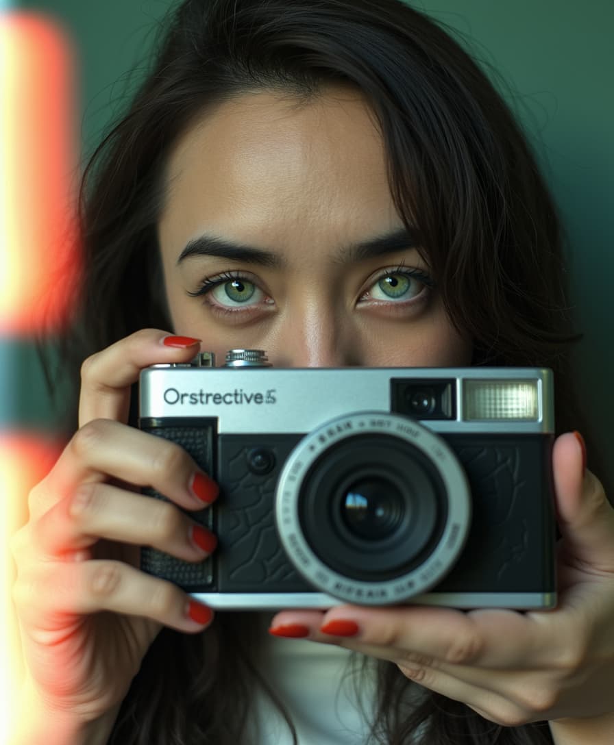 The image portrays a young TOKALEMAP woman with long, dark hair holding a vintage camera close to her face, partially obscuring one of her eyes. She gazes directly into the lens with an intense, thoughtful expression. The photograph has a distinct cinematic and nostalgic aesthetic, with soft lighting, a grainy texture, and subtle color grading that gives it a vintage, film-like quality.

Subject and Composition
The subject's face is positioned slightly off-center, drawing immediate attention to her sharp and expressive features. Her dark, well-defined eyebrows frame her deep-set eyes, which are slightly shadowed, adding to the introspective mood of the image. Her lips, which are slightly parted and tinted a natural red, contrast subtly with her smooth, pale skin. Strands of hair fall loosely across her face, reinforcing the unposed, organic nature of the portrait.

The camera she holds is an older model, silver and black with a rounded lens, possibly a vintage point-and-shoot film camera. Its reflective surface catches some light, making it a noticeable focal point. Her fingers gently rest on the camera's body, showcasing her relaxed grip, suggesting familiarity and comfort with the device. The camera partially obscures her left eye, creating an artistic and symbolic interplay between the act of capturing an image and being observed.

Lighting and Color Tone
The lighting in the image is soft and diffused, casting a gentle glow on the subject’s skin. There are no harsh shadows, which enhances the ethereal quality of the portrait. The overall color palette consists of muted greens, blues, and sepia tones, adding to the vintage ambiance. A slight light leak effect, visible on the left edge, introduces warm, reddish-orange hues, reinforcing the analog film aesthetic.

Depth and Focus
The background is blurred, placing the emphasis entirely on the woman and her camera. This shallow depth of field isolates the subject, directing attention to the details of her face and the textures of the camera. The soft blur of the background suggests an indoor or dimly lit setting, though specific environmental details are indistinct.

Mood and Interpretation
The image exudes a sense of quiet introspection and nostalgia. The subject’s expression is serious yet calm, with an enigmatic quality that invites viewers to interpret her emotions. The presence of the vintage camera further reinforces themes of memory, storytelling, and the passage of time. It suggests a personal connection to photography, hinting at themes of capturing fleeting moments or looking at the world through a different lens.

The film-like grain and light leaks contribute to the dreamlike atmosphere, making the image feel like a memory frozen in time. The muted tones evoke a feeling of solitude, while the subject’s direct gaze creates an intimate connection with the viewer.

Overall Impression
This photograph is a striking blend of portraiture and artistic storytelling. The careful composition, soft lighting, and vintage color grading work together to create an image that feels timeless and emotionally resonant. It is an evocative representation of personal reflection, the art of photography, and the beauty of capturing a moment that feels both contemporary and nostalgic.