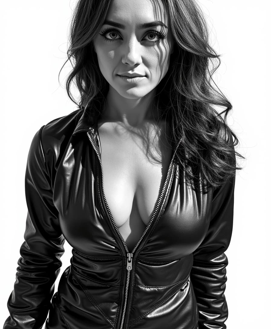 An illustration in the style of BWcomix featuring TOKALEMAP wearing a shiny black leather jumpsuit, unzipped to reveal cleavage. She has a sultry, alluring look. The scene is rendered in high contrast dramatic lighting, with sharp shadows and bright highlights to enhance the texture and sheen of the leather. The artwork is characterized by comic inked lines and strokes, emphasizing contours and details. An intimate, close-up composition with a slightly low camera angle captures her confident and seductive pose. The background is minimalistic to keep the focus on Salma, creating a striking and enticing atmosphere. No signature. Empty white background