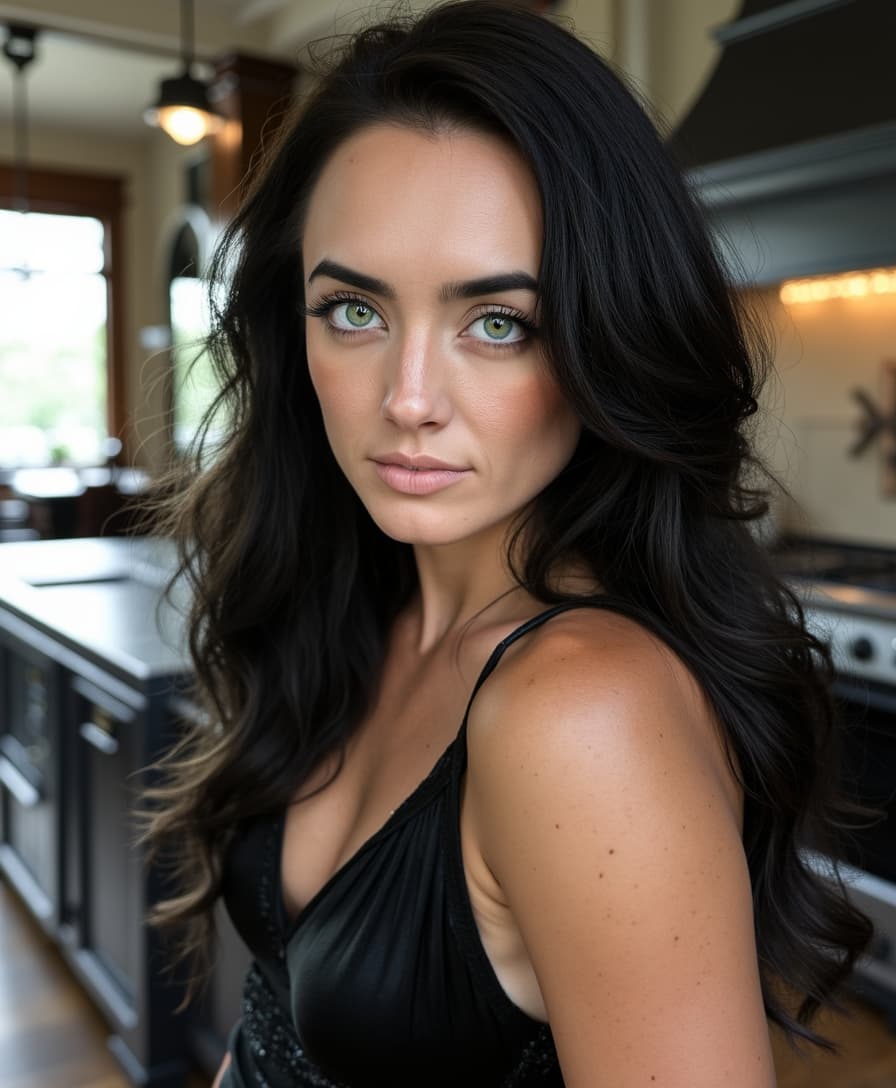 The image is a photorealistic portrait of a stunning TOKALEMAP woman, characterized by her porcelain-white skin and deep, jet-black hair that cascades elegantly around her shoulders. Her captivating green eyes are framed by long, thick lashes, drawing the viewer's attention and enhancing her enigmatic expression. She wears an elegant black dress that creates a striking contrast against her fair complexion, accentuating her refined elegance. Set in a modern kitchen, the composition features sleek, contemporary appliances and soft, ambient lighting that adds a warm glow to the scene. The kitchen's minimalist design enhances her mysterious and sophisticated aura, while natural light delicately highlights the contours of her face, emphasizing her striking beauty. This compelling and evocative portrait captivates the viewer, merging the elements of fantasy and modernity in a visually stunning way.