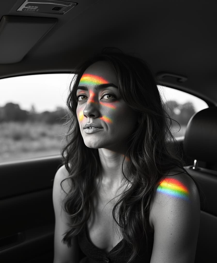 Minimalist photography of TOKALEMAP woman with rainbow prism lighting, she is in her car looking out window, high contrast black and white, beautiful woman, long hair, soft glow, high fashion, hasselblad photography