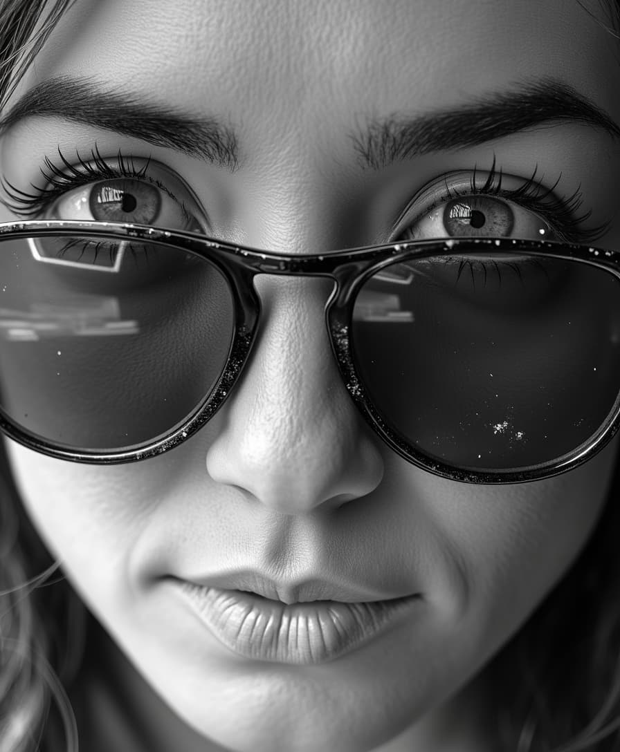 Portrait Photography. Close-up. TOKALEMAP Woman looking straight at the camera, her face reflecting the photographer's face in her sunglasses. Macro. High-contrast black and white photography style. Soft focus on the woman's face, sharp focus on the reflection in the sunglasses. Dust specks on the sunglasses lens. High-key lighting with a shallow depth of field. Best quality, cinematic, intricate details, soft bokeh, Permiter of the image slightly out of focus, shallow depth of field, captivating portrait, photography masterpiece.