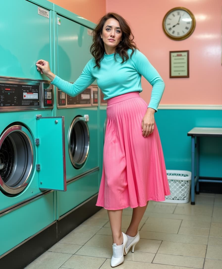 This image is a stylized photograph depicting TOKALEMAP in a laundromat. The art style is vibrant and playful, with a pop of color that gives the scene a retro or nostalgic feel. The medium appears to be a digital photograph, given the clarity and sharpness of the image.The colors in the image are bright and cheerful, with a predominance of teal, pink, and white. The teal of the washing machines and the floor tiles creates a cool, calming atmosphere, while the pink of the skirt adds a warm, feminine touch. The white of the persons top, shoes, and laundry basket provides a neutral balance to the palette.The objects in the image include1. A row of teal washing machines, with the nearest one slightly ajar, revealing a glimpse of the inside.2. A person wearing a light blue longsleeved top, a pleated pink skirt, and white highheeled shoes. The person is standing with one hand on the washing machine and the other resting on their hip, giving off a playful and confident vibe.3. A white laundry basket placed on the floor, partially hidden behind the person.4. A wall clock on the wall, showing the time.5. A blue table with a white top, partially visible in the background.The overall composition of the image is dynamic and engaging, with the person positioned in a way that draws the viewers eye across the scene. The interplay of color and light adds depth and dimension to the photograph, making it an eyecatching piece of art.
