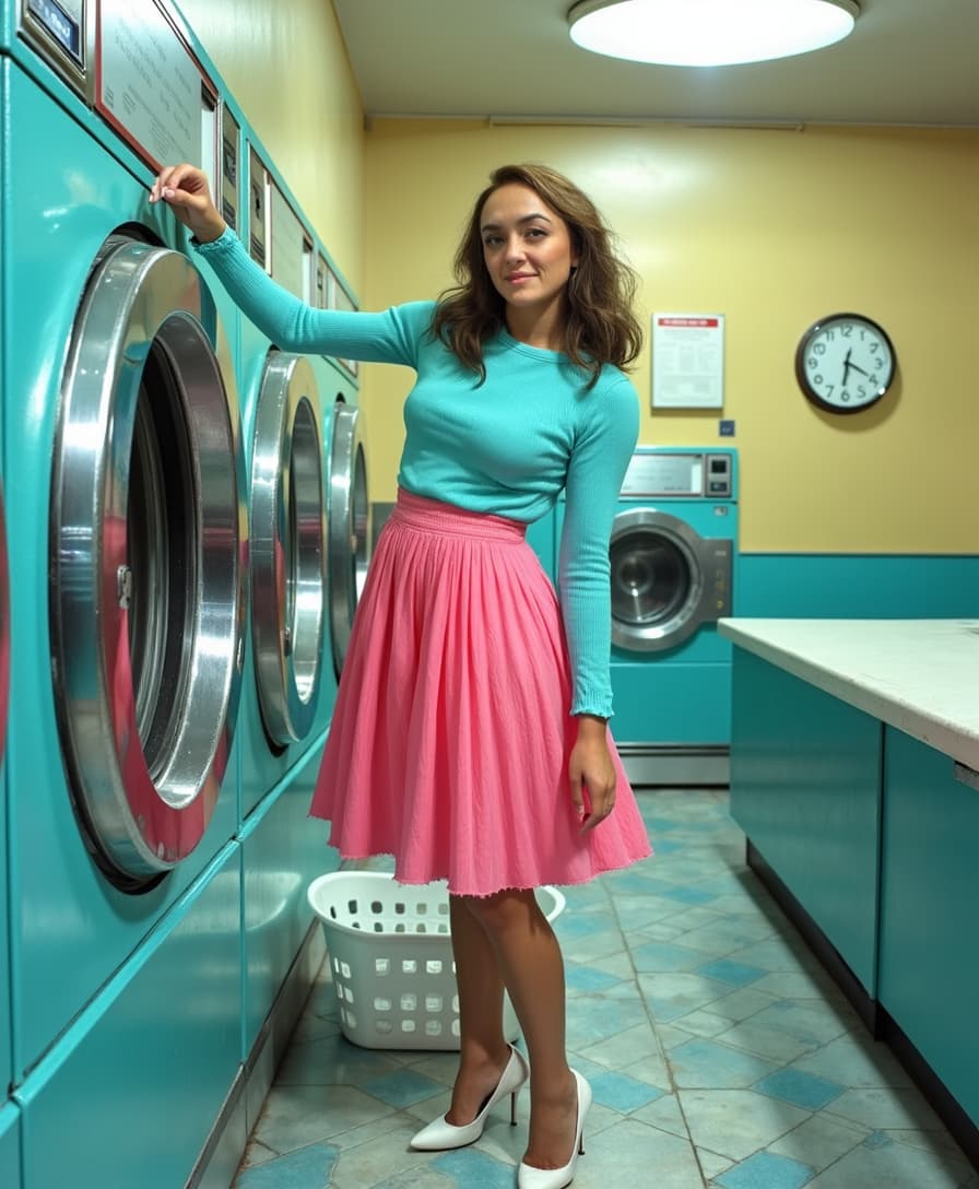 This image is a stylized photograph depicting TOKALEMAP in a laundromat. The art style is vibrant and playful, with a pop of color that gives the scene a retro or nostalgic feel. The medium appears to be a digital photograph, given the clarity and sharpness of the image.The colors in the image are bright and cheerful, with a predominance of teal, pink, and white. The teal of the washing machines and the floor tiles creates a cool, calming atmosphere, while the pink of the skirt adds a warm, feminine touch. The white of the persons top, shoes, and laundry basket provides a neutral balance to the palette.The objects in the image include1. A row of teal washing machines, with the nearest one slightly ajar, revealing a glimpse of the inside.2. A person wearing a light blue longsleeved top, a pleated pink skirt, and white highheeled shoes. The person is standing with one hand on the washing machine and the other resting on their hip, giving off a playful and confident vibe.3. A white laundry basket placed on the floor, partially hidden behind the person.4. A wall clock on the wall, showing the time.5. A blue table with a white top, partially visible in the background.The overall composition of the image is dynamic and engaging, with the person positioned in a way that draws the viewers eye across the scene. The interplay of color and light adds depth and dimension to the photograph, making it an eyecatching piece of art.