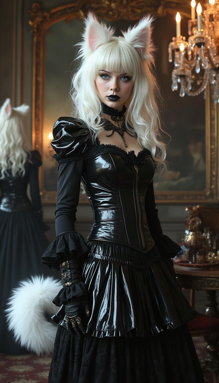 catgirl, with big fluffy white fur cat ears on her head and big fluffy white furred tail, dressed in a shiny black latex goth lolita style dress, with a strapped shiny black latex corset. Standing in an elegant Victorian style parlour, surrounded by other similarly dressed catgirls