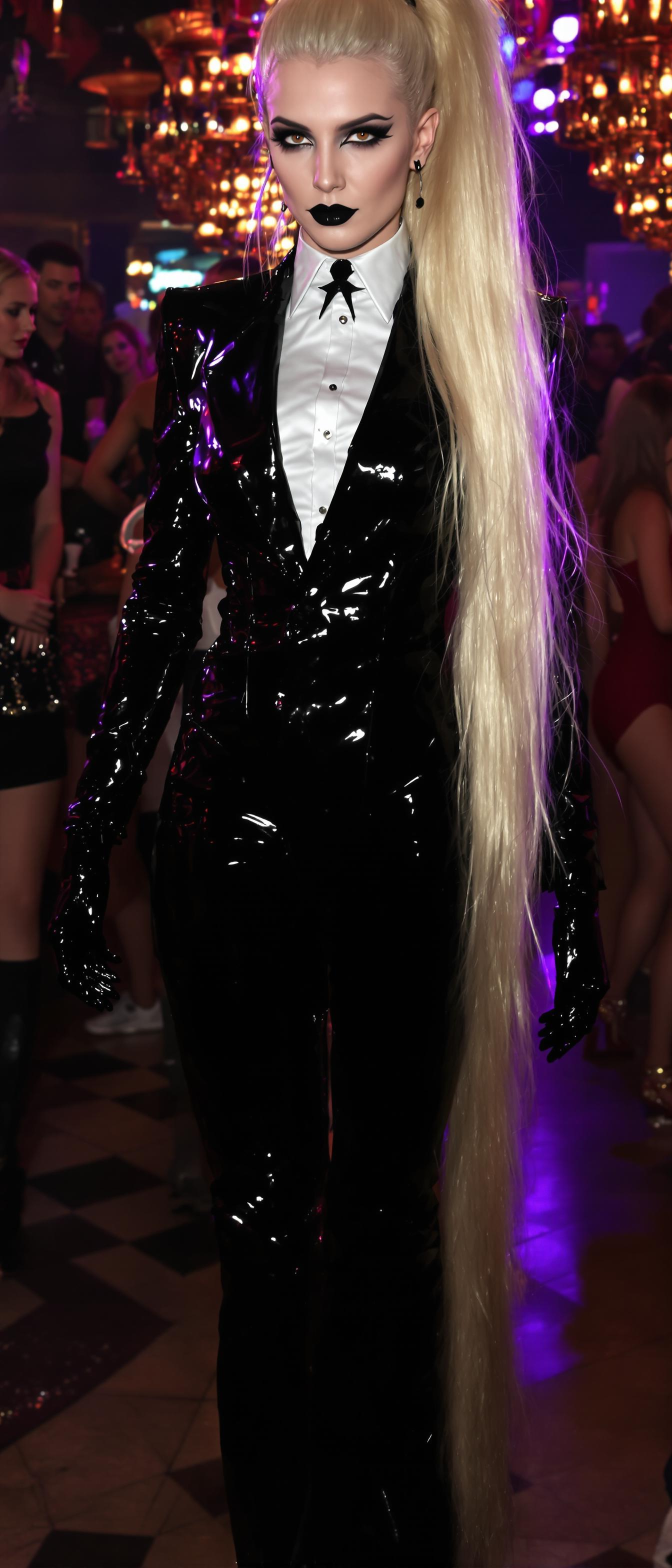 Honey blonde hair set in a high thick 6 foot long ponytail. Dressed in a shiny black latex tuxedo and a shiny white latex dress shirt. Pale Vampire. Heavy goth makeup, emphasizing her commanding stature and striking looks. Shiny Black lipstick. Amber eyes. Shiny black latex gloves. Standing in a crowded nightclub filled with beautiful latex clad patrons.