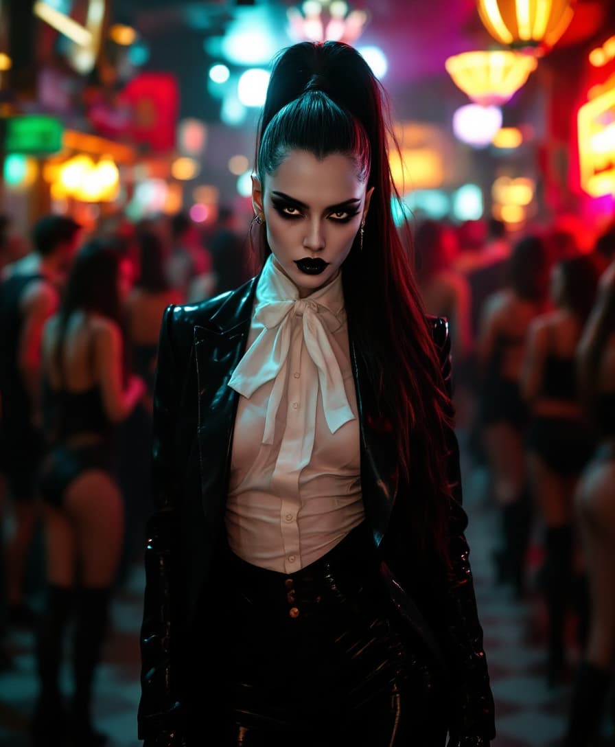 {
  "SHOT COMPOSITION": "Capture a medium shot with a 50mm lens on a Sony A7S III camera, emphasizing the subject's commanding presence amid the crowd with a shallow depth of field that softly blurs the background patrons while keeping the foreground sharp and detailed.",
  "SUBJECT & WARDROBE": "A pale vampire woman with striking amber eyes and heavy goth makeup, including shiny black lipstick, stands tall with a commanding stature, her crimson hair styled in a high, thick 6-foot-long ponytail; she is dressed in a shiny black latex tuxedo paired with a shiny white latex dress shirt and shiny black latex gloves, exuding an aura of striking, dominant allure as she surveys the room with a confident, intense expression.",
  "SCENE SETTING": "The scene unfolds in a crowded stripclub at night, filled with beautiful female patrons clad in various shiny latex outfits dancing and mingling under dim, pulsating neon lights and strobe effects, creating a vibrant yet mysterious atmosphere with hazy smoke and reflections on glossy surfaces enhancing the intimate, energetic tone.",
  "VISUAL STYLE": "Render in a cinematic film aesthetic with a dark, dramatic color grading featuring deep shadows and vibrant crimson highlights, adding a subtle grain texture for a gritty, immersive feel that captures the essence of a high-end goth nightclub vibe."
}