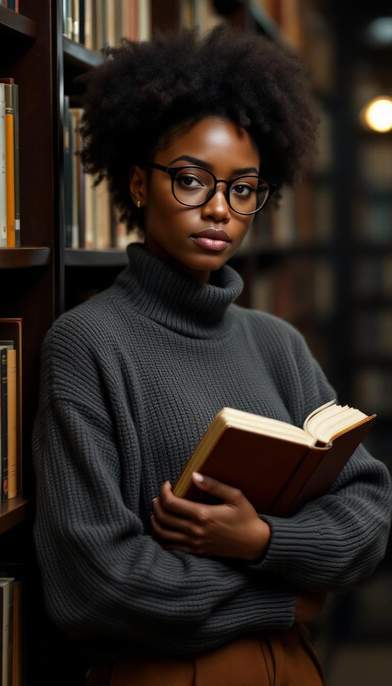 Shy looking african american co-ed. Thick glasses, no makeup. Thick heavy turtleneck grey sweater. Ankle length brown skirt. Holding a heavy book and standing in dimly lit library 
