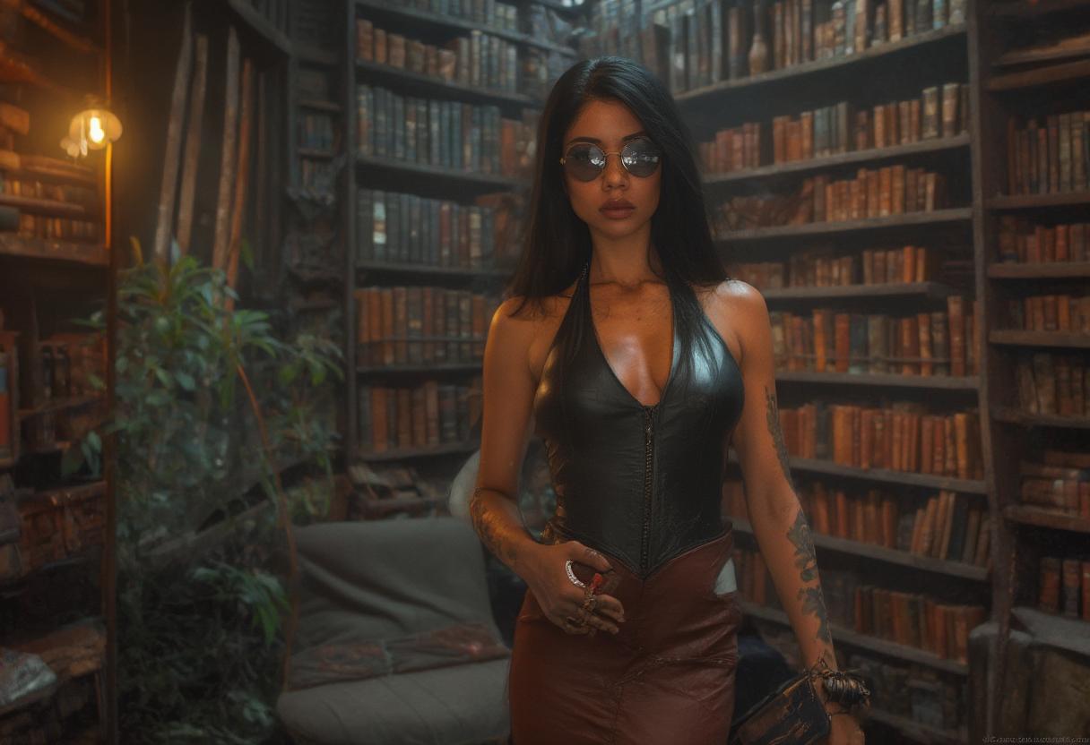 Shy looking african american co-ed. Straight waist length sleek hair Thick glasses, no makeup. Tight black leather halter top showcasing her ample cleavage. Knee length brown leather pencil skirt. Holding a heavy book and standing in dimly lit library 