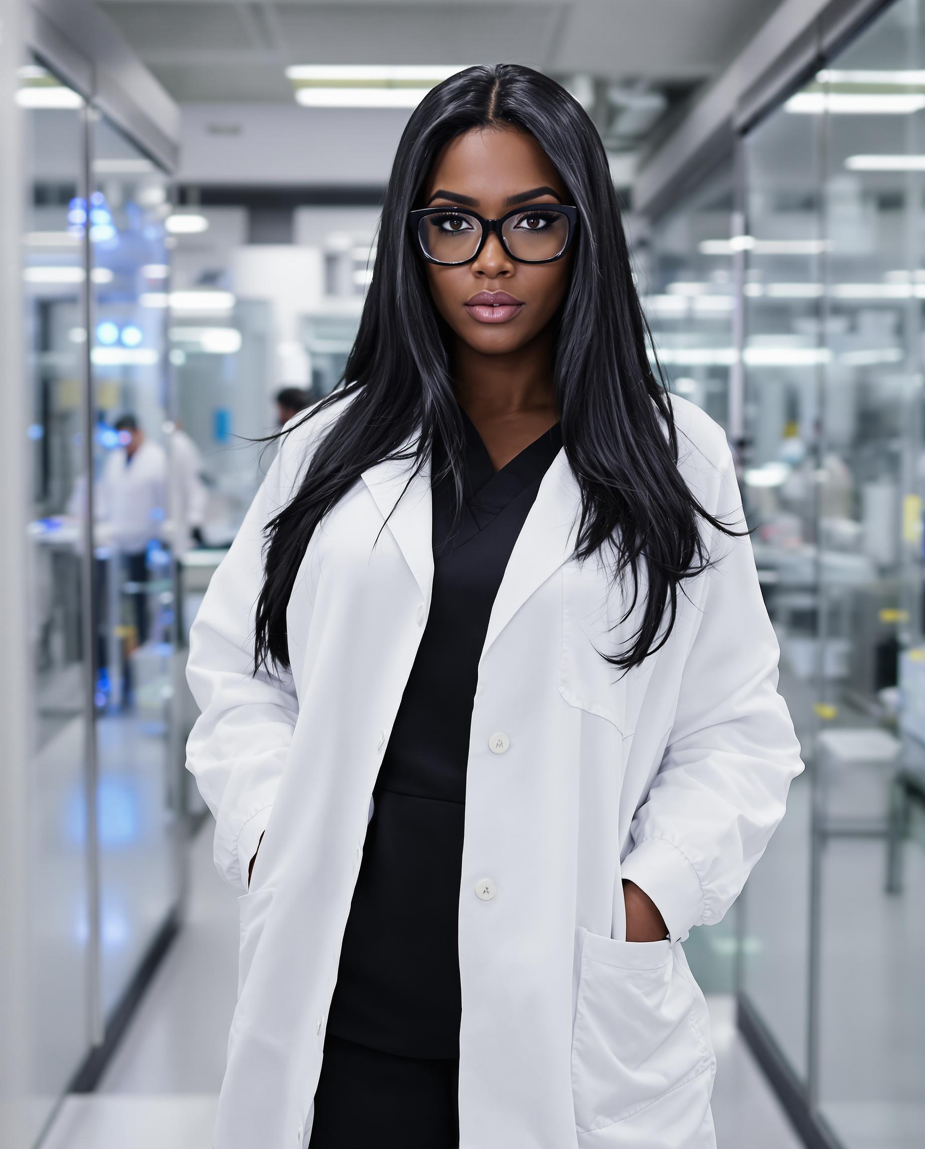 Brazen looking curvaceous african american vampire. Dressed in a white labcoat. Black scrubs beneath. Her shiny black hair hangs down her back. Thick black glasses. Amber eyes. She stands in a high tech lab. 