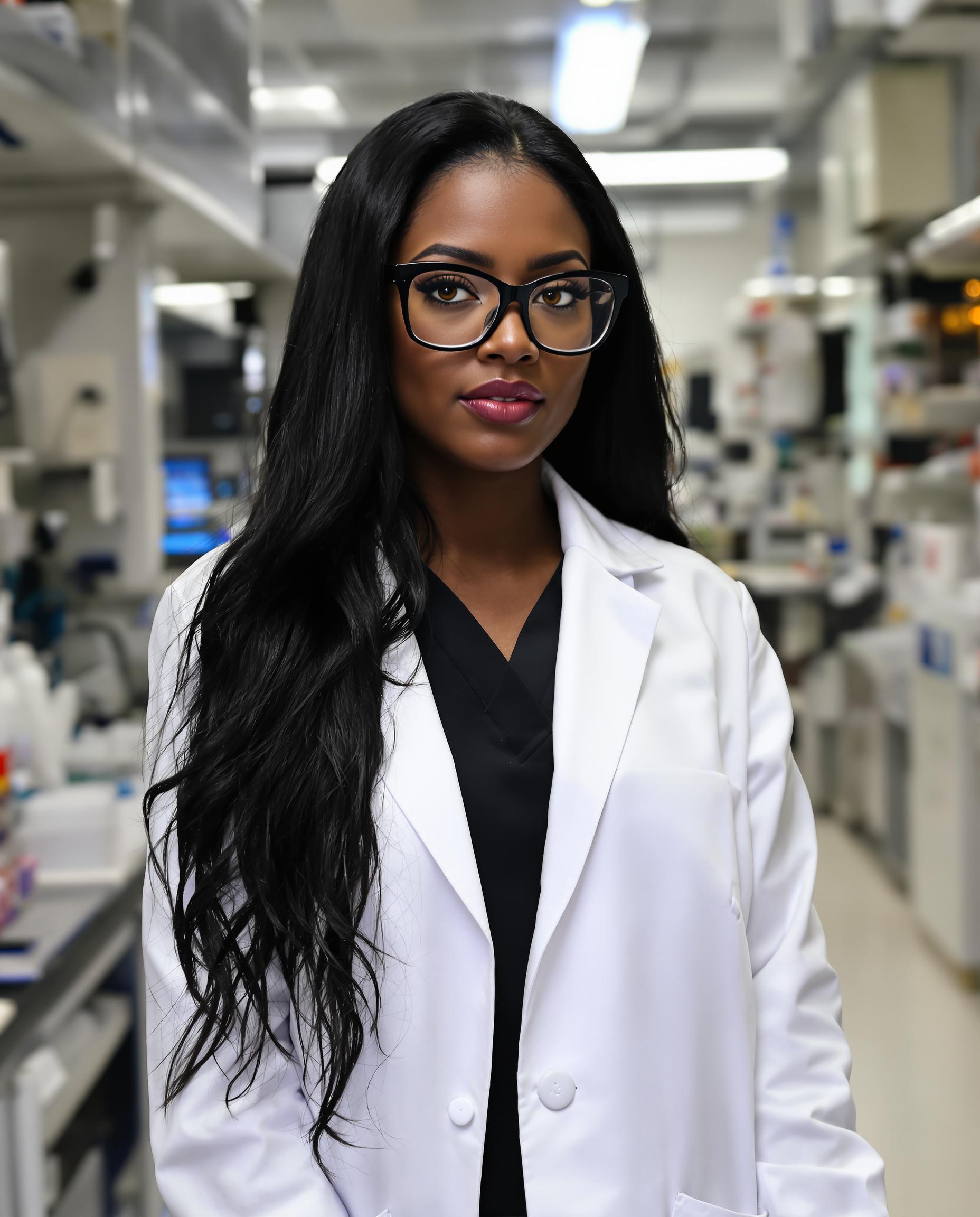 Brazen looking curvaceous african american vampire. Dressed in a white labcoat. Black scrubs beneath. Her shiny black hair hangs down her back. Thick black glasses. Amber eyes. She stands in a high tech lab. 