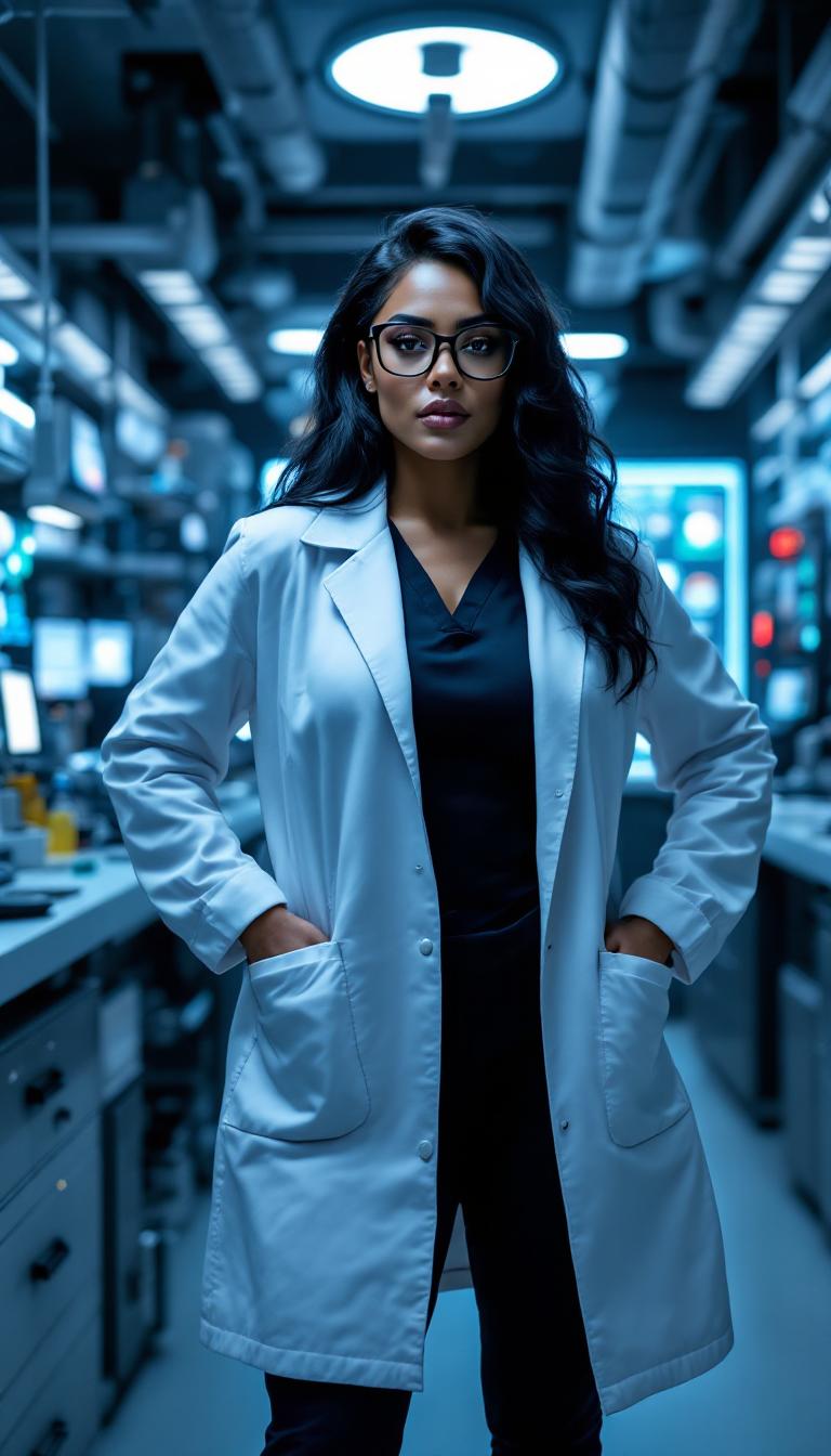 {
  "SHOT COMPOSITION": "Medium shot framing a confident curvaceous African American vampire standing boldly in a high-tech lab, captured with a 50mm lens on a Sony A7S III camera, featuring a shallow depth of field to sharply focus on her while softly blurring the intricate lab equipment in the background.",
  "SUBJECT & WARDROBE": "She has a brazen, intense expression with striking amber eyes behind thick black glasses, her shiny black hair cascading down her back, dressed in a crisp white labcoat over fitted black scrubs that accentuate her curvaceous figure, subtly hinting at her vampiric nature through pale skin and a faint mysterious aura as she poses assertively with hands on hips.",
  "SCENE SETTING": "The scene unfolds in a sleek, futuristic high-tech laboratory filled with glowing monitors, holographic displays, and advanced scientific instruments under cool, ambient blue lighting at night, creating a dramatic and innovative atmosphere with subtle shadows enhancing the mysterious tone.",
  "VISUAL STYLE": "Render in a cinematic sci-fi style with hyper-realistic details, subtle film grain for texture, and a cool-toned color grade emphasizing contrasts between her warm skin tones and the sterile lab environment, evoking a blend of modern thriller and supernatural intrigue."
}