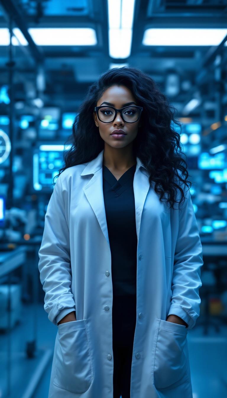 {
  "SHOT COMPOSITION": "Medium shot framing a confident curvaceous African American standing boldly in a high-tech lab, captured with a 50mm lens on a Sony A7S III camera, featuring a shallow depth of field to sharply focus on her while softly blurring the intricate lab equipment in the background.",
  "SUBJECT & WARDROBE": "She has a brazen, intense expression with striking amber eyes behind thick black glasses, her shiny black hair cascading down her back, dressed in a crisp white labcoat over fitted black scrubs that accentuate her curvaceous figure",
  "SCENE SETTING": "The scene unfolds in a sleek, futuristic high-tech laboratory filled with glowing monitors, holographic displays, and advanced scientific instruments under cool, ambient blue lighting at night, creating a dramatic and innovative atmosphere with subtle shadows enhancing the mysterious tone.",
  "VISUAL STYLE": "Render in a cinematic sci-fi style with hyper-realistic details, subtle film grain for texture, and a cool-toned color grade emphasizing contrasts between her warm skin tones and the sterile lab environment, evoking a blend of modern thriller and supernatural intrigue."
}