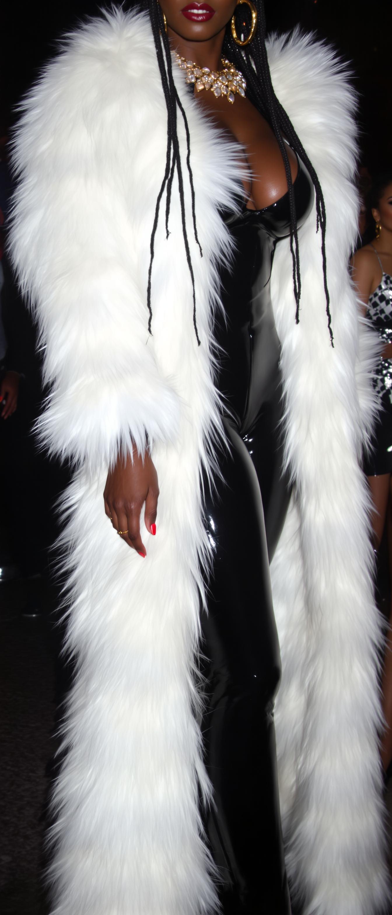 Mature African-american woman. Long shiny black hair set in a waterfall of cornrows reach down to her knees. She wears shiny black latex skintight pants and a shiny black latex halter top that accentuates her 50EE breasts. She wears a floor length luxurious thick and heavy white fur coat. Large gold hoops dangle from her ears, heavy gold jewelry on her neck and wrists.  her makeup is heavy and vulgar. Her blue eyes are predatory and dangerous showcasing her sadistic and cruel hunger. She stands in a darkly lit nightclub, surrounded by beautiful women all dressed like her. 