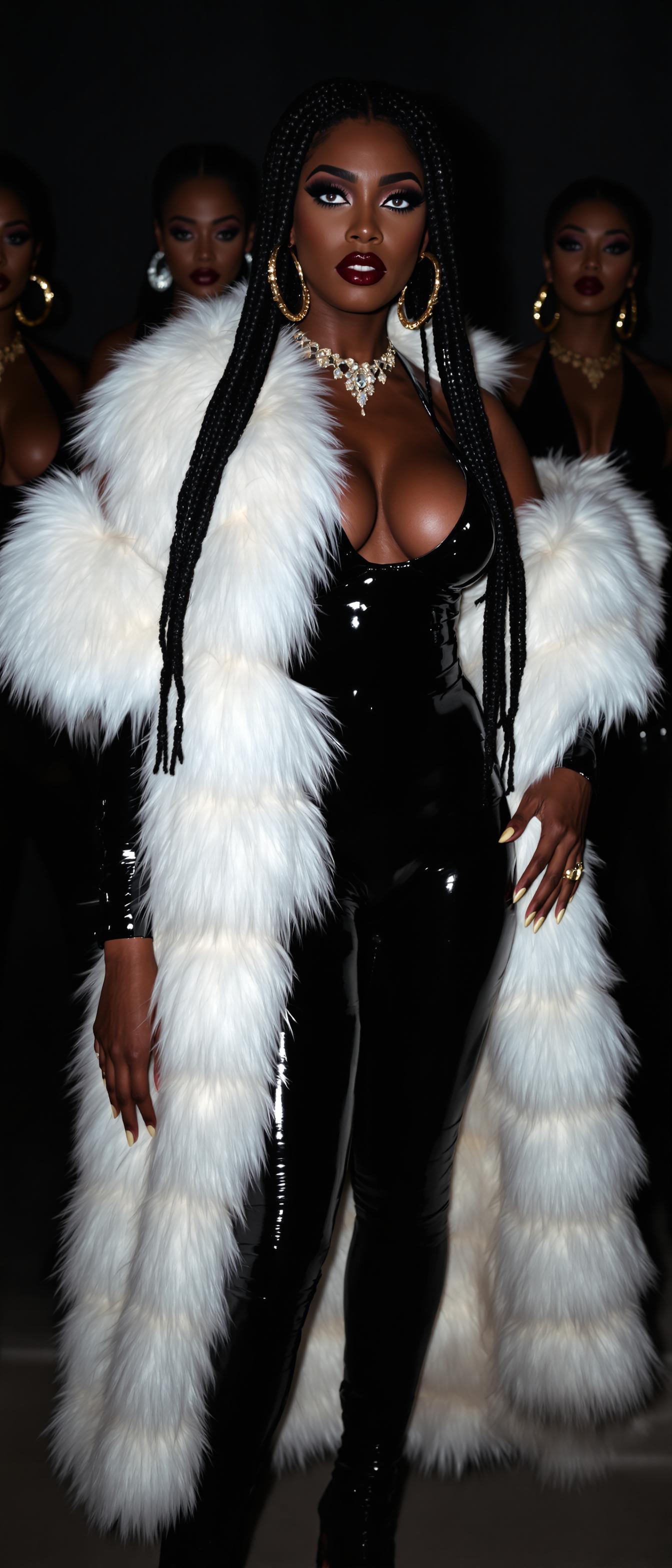 {
  "SHOT COMPOSITION": "Medium shot framing the mature African-American woman from the waist up to capture her imposing presence and the surrounding women, using a 50mm lens on a Sony A7S III camera with shallow depth of field to focus sharply on her predatory blue eyes while softly blurring the dimly lit background.",
  "SUBJECT & WARDROBE": "The central figure is a mature African-American woman with long shiny black hair styled in a waterfall of cornrows cascading down to her knees, dressed in shiny black latex skintight pants and a matching halter top that accentuates her 50EE breasts, draped in a bolero style luxurious black fur coat; she adorns large gold hoops dangling from her ears, heavy gold jewelry on her neck and wrists, with heavy and vulgar makeup enhancing her predatory and dangerous blue eyes that showcase a sadistic and cruel hunger, standing confidently with a commanding posture surrounded by beautiful women all dressed identically in shiny black latex outfits and white fur coat. She wears aviator style mirror sunglasses. Her lips are painted shiny blood red",
  "SCENE SETTING": "The scene unfolds in a darkly lit nightclub at night, with moody ambient lighting from dim overhead spots and flickering neon accents casting dramatic shadows, creating an intimate yet intense atmosphere filled with an energetic and vibrant tone of underground allure.",
  "VISUAL STYLE": "Cinematic film aesthetic with a high-fashion editorial look, featuring glossy textures on the latex and fur, subtle grain for a gritty nightclub vibe, and color grading in deep blacks, rich golds, and cool blues to emphasize the luxurious yet dangerous essence."
}