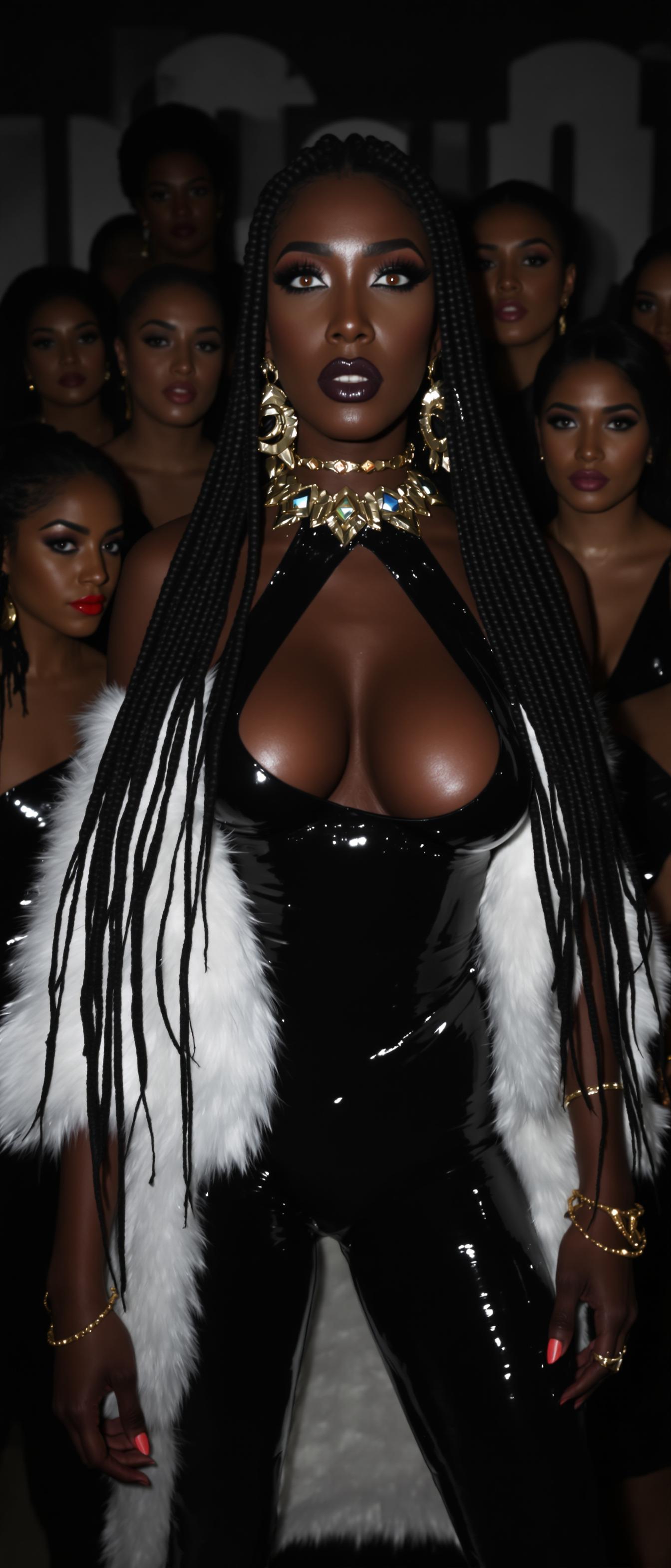{
  "SHOT COMPOSITION": "Medium shot framing the mature African-American woman from the waist up to capture her imposing presence and the surrounding women, using a 50mm lens on a Sony A7S III camera with shallow depth of field to focus sharply on her predatory blue eyes while softly blurring the dimly lit background.",
  "SUBJECT & WARDROBE": "The central figure is a mature African-American woman with long shiny black hair styled in a waterfall of cornrows cascading down to her knees, dressed in shiny black latex skintight pants and a matching halter top that accentuates her 50EE breasts, draped in a bolero style luxurious black fur coat; she adorns large gold hoops dangling from her ears, heavy gold jewelry on her neck and wrists, with heavy and vulgar makeup enhancing her predatory and dangerous blue eyes that showcase a sadistic and cruel hunger, standing confidently with a commanding posture surrounded by beautiful women all dressed identically in shiny black latex outfits and white fur coat. She wears aviator style mirror sunglasses. Her lips are painted shiny blood red",
  "SCENE SETTING": "The scene unfolds in a darkly lit nightclub at night, with moody ambient lighting from dim overhead spots and flickering neon accents casting dramatic shadows, creating an intimate yet intense atmosphere filled with an energetic and vibrant tone of underground allure.",
  "VISUAL STYLE": "Cinematic film aesthetic with a high-fashion editorial look, featuring glossy textures on the latex and fur, subtle grain for a gritty nightclub vibe, and color grading in deep blacks, rich golds, and cool blues to emphasize the luxurious yet dangerous essence."
}