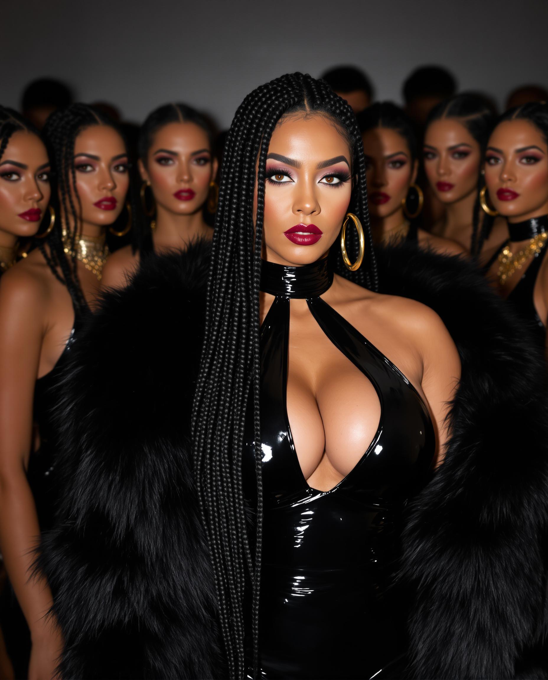 {
  "SHOT COMPOSITION": "Medium shot framing the mature Asian-American woman from the waist up to capture her imposing presence and the surrounding women, using a 50mm lens on a Sony A7S III camera with shallow depth of field to focus sharply on her predatory amber eyes while softly blurring the dimly lit background.",
  "SUBJECT & WARDROBE": "The central figure is a mature Asian-American woman with long shiny black hair styled in a waterfall of cornrows cascading down to her knees, dressed in shiny black latex skintight pants and a matching halter top that accentuates her 50EE breasts, draped in a bolero style luxurious black fur coat; she adorns large gold hoops dangling from her ears, heavy gold jewelry on her neck and wrists, with heavy and vulgar makeup enhancing her predatory and dangerous blue eyes that showcase a sadistic and cruel hunger, standing confidently with a commanding posture surrounded by beautiful women all dressed identically in shiny black latex outfits and black fur coat. She wears aviator style mirror sunglasses. Her lips are painted shiny blood red",
  "SCENE SETTING": "The scene unfolds in a darkly lit nightclub at night, with moody ambient lighting from dim overhead spots and flickering neon accents casting dramatic shadows, creating an intimate yet intense atmosphere filled with an energetic and vibrant tone of underground allure.",
  "VISUAL STYLE": "Cinematic film aesthetic with a high-fashion editorial look, featuring glossy textures on the latex and fur, subtle grain for a gritty nightclub vibe, and color grading in deep blacks, rich golds, and cool blues to emphasize the luxurious yet dangerous essence."
}
