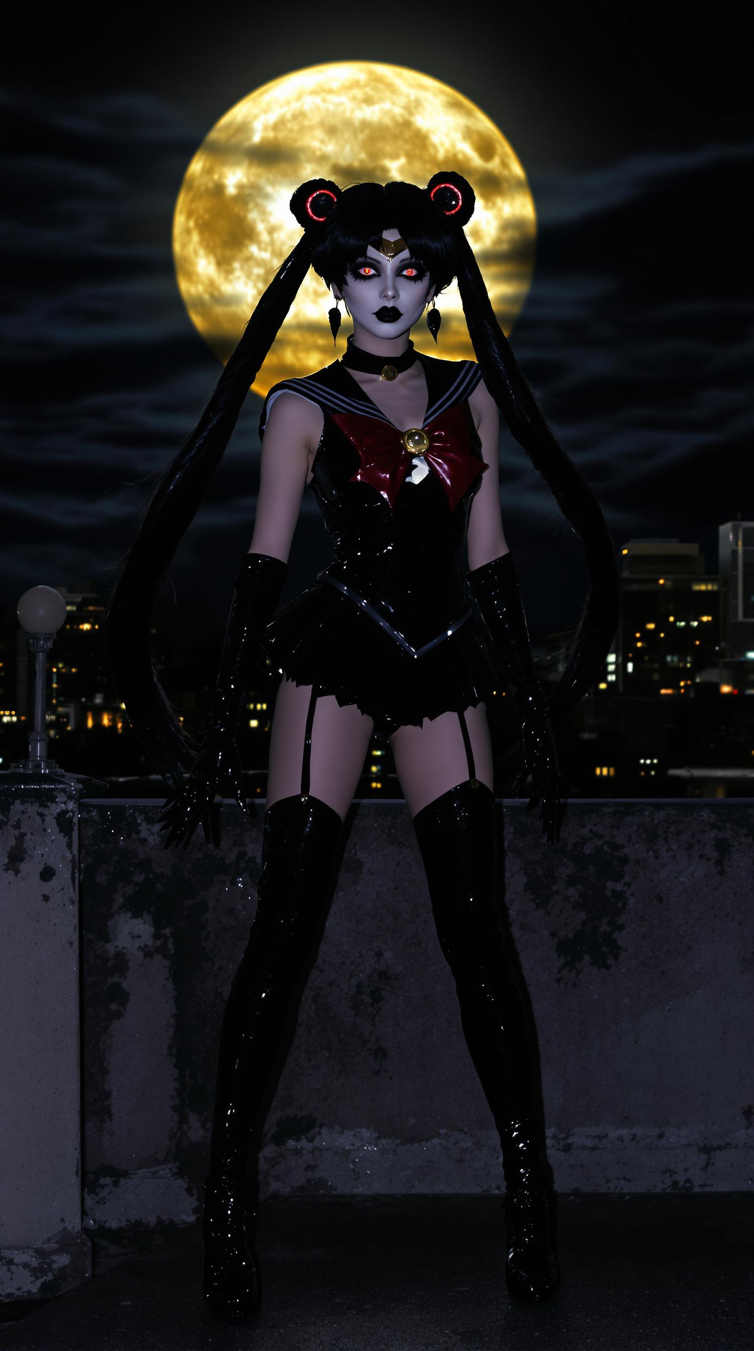 An evil Sailor moon with a black latex version of her traditional costume, black hair in place of the usual blonde. Standing on a rooftop beneath a full moon at night. Her lips painted in shiny black lipstick, her makeup is heavy and goth style