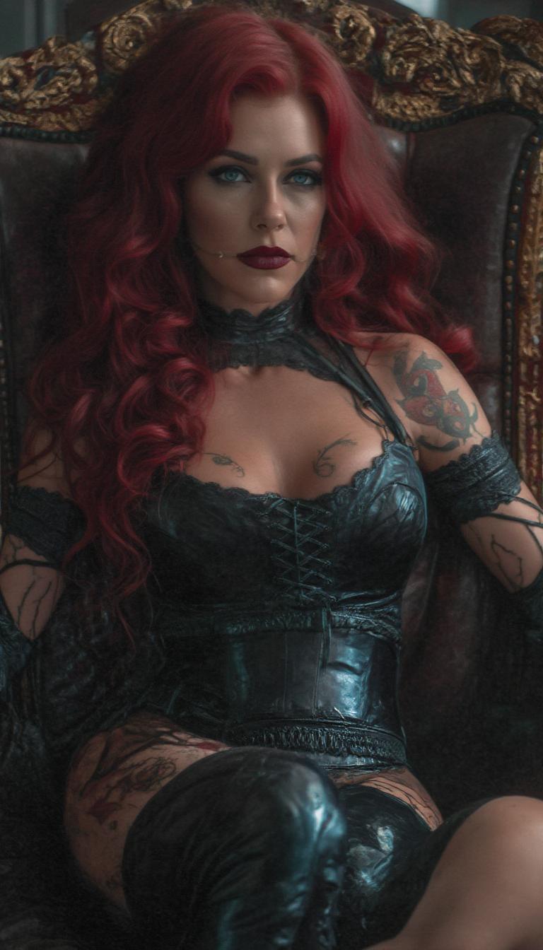 Crimson hair in thick heavy waves falling down her back. She is a powerfully built, thicc amazonian woman in her late 30s. Bright blue eyes. She wears a shiny black latex corset that accentuates her 50EE breasts, her body is sheathed in a skintight shiny black latex catsuit. Her legs are encased in skin-tight shiny black latex irthigh-high stiletto heeled boots. She reclines on a leather upholstered throne in a medieval style throne room. Her maeup is heavy and gothic her lips painted in shiny black lipstick. At her feet is a young blonde haired woman dressed in a shiny white latex corset and dress. The room is dimly lit. 