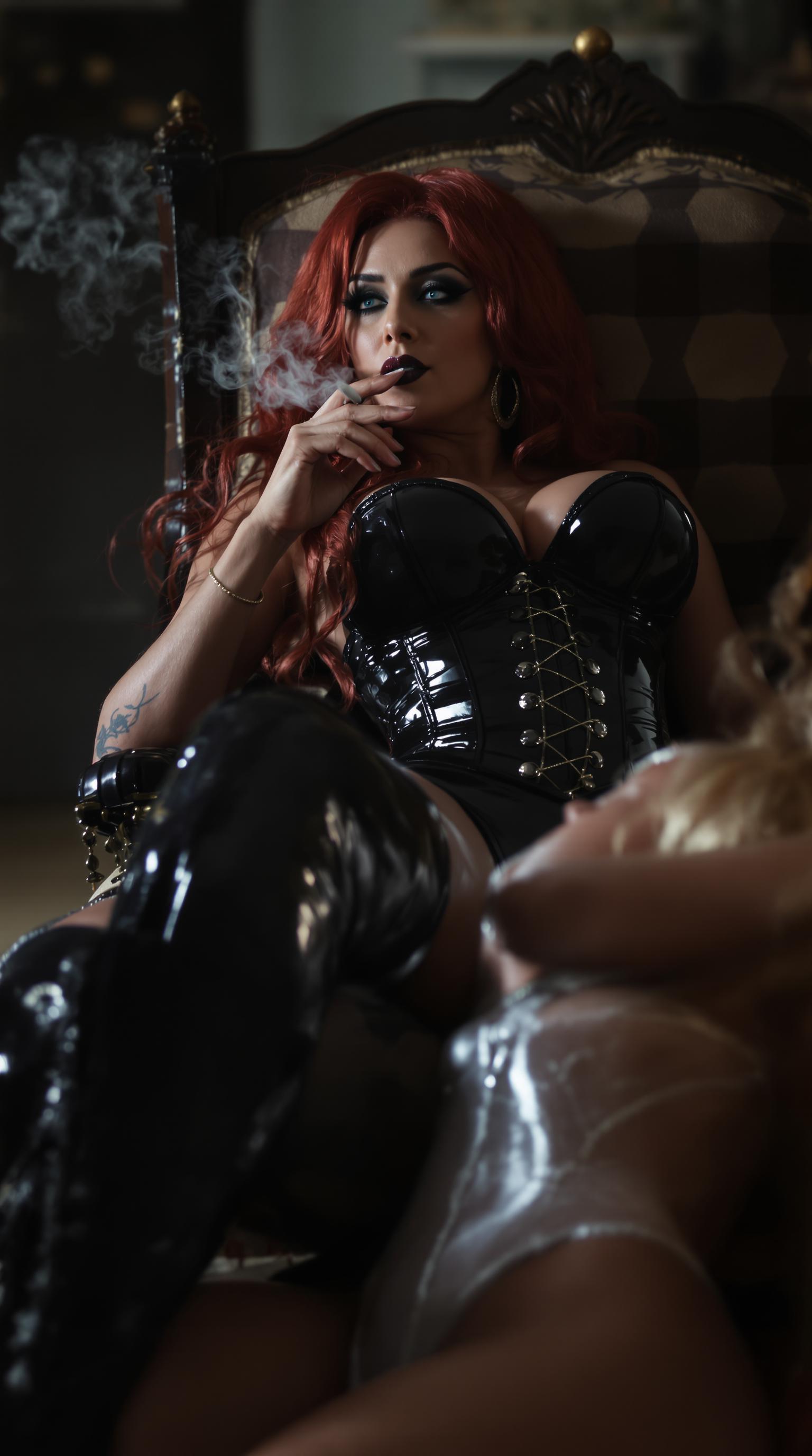 {
  "SHOT COMPOSITION": "A medium shot captured with a 50mm lens on a Canon 5D camera, utilizing a shallow depth of field to sharply focus on the central Amazonian woman's commanding presence and her submissive counterpart, while gently blurring the intricate background details, framing the scene dynamically to emphasize her reclining dominance and the kneeling figure at her feet in a balanced, intimate composition.",
  "SUBJECT & WARDROBE": "The dominant subject is a powerfully built, thicc Amazonian woman in her late 50s, boasting bright blue eyes and thick crimson hair cascading in heavy waves down her back; she is clad in a shiny black latex corset that dramatically enhances her 50EE breasts, complemented by a skintight shiny black latex catsuit and thigh-high stiletto-heeled boots, her face adorned with heavy bold gothic makeup including shiny black lipstick, as she reclines confidently on a throne, smoking a cigarette with a smug, dominant smirk. Kneeling submissively at her feet is a young blonde-haired woman, dressed in a shiny white latex corset and dress, her gaze lifted upward in adoration and obedience.",
  "SCENE SETTING": "The scene is set in a medieval-style throne room featuring ancient stone walls adorned with ornate tapestries and suits of armor, illuminated by flickering torchlight that casts dramatic, elongated shadows across the flagstone floor, during a dimly lit evening that infuses the atmosphere with mystery and imposition, where soft ambient glows accentuate the glossy sheen of the latex outfits and heighten the overarching tone of unyielding power and erotic dominance.",
  "VISUAL STYLE": "Rendered in a cinematic gothic aesthetic with a dark, moody color grading featuring deep blacks, rich crimson accents, and subtle blue highlights to evoke a sense of timeless allure, incorporating a slight film grain texture for added realism and depth, reminiscent of a high-production fantasy film still that blends hyper-realistic details with an air of seductive fantasy."
}