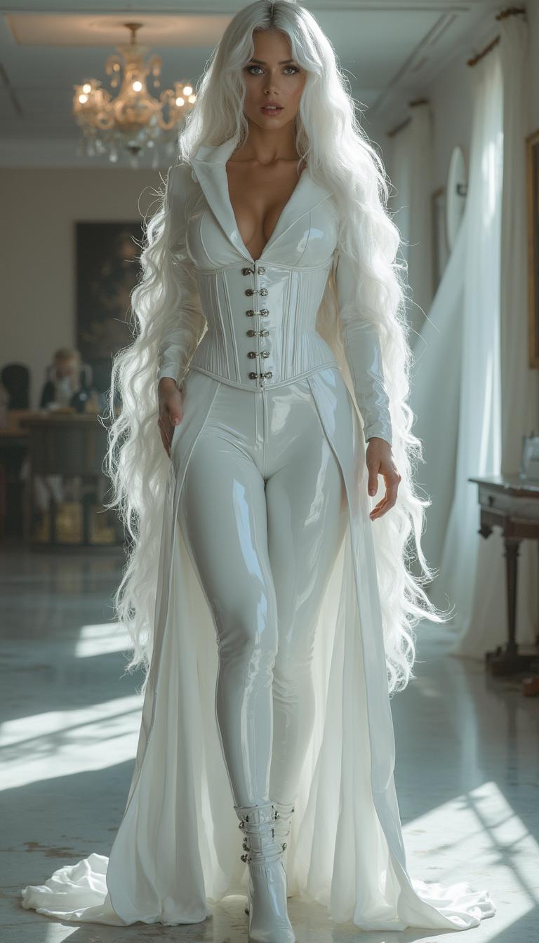The central dominant figure is a robust, thicc Amazonian woman in her late 30s, with piercing bright blue eyes and thick, flowing stark white hair cascading in voluminous waves down her back; she wears a glossy white latex corset that accentuates her impressive 50EE breasts, paired with a form-fitting shiny white latex business suit and towering thigh-high stiletto-heeled boots, her face enhanced by dramatic gothic makeup featuring bold eyeliner, dark shadows, and shiny black lipstick. Stands in the center of an elegant office
