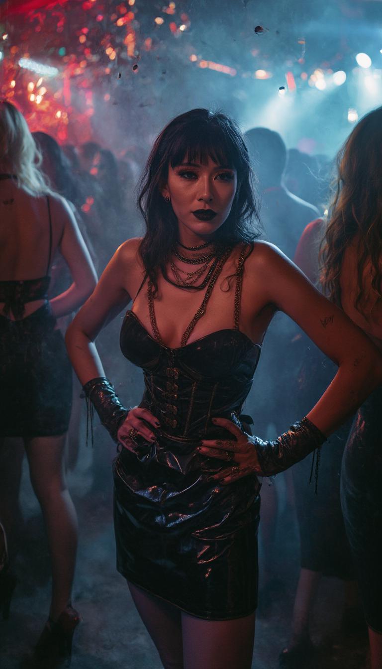 {
  "SHOT COMPOSITION": "Capture a medium shot of the woman standing confidently in the center of the frame, using a 50mm lens on a Sony A7S III camera with a shallow depth of field to blur the surrounding crowd slightly while keeping her sharply in focus, emphasizing her striking presence amid the bustling nightclub energy.",
  "SUBJECT & WARDROBE": "A beautiful mid-40s woman with goth pale skin, dark bold makeup, and shiny black lipstick poses with shiny black hair cascading over one shoulder while the opposite side is shaved down to fuzz; she wears a knee-length shiny black latex pencil skirt, a tight shiny black latex corset that accentuates her 50EE breasts, shiny black stiletto heels with crimson soles, elegant gold and ruby jewelry, shiny black latex fingerless gloves, and fingernails painted shiny black, her expression exuding mysterious allure as she stands poised with hands on hips.",
  "SCENE SETTING": "The scene unfolds in the heart of a dimly lit nightclub during late-night hours, with vibrant neon lights casting colorful glows and shadows across the space, surrounded by a crowd of similarly dressed partygoers in shiny black latex attire dancing and mingling, creating a dramatic and energetic atmosphere filled with pulsing music and hazy smoke.",
  "VISUAL STYLE": "Render in a cinematic film style with a dark, moody aesthetic, incorporating subtle film grain for texture and cool-toned color grading to enhance the goth vibe, evoking a high-fashion editorial look with glossy highlights on the latex surfaces and jewel sparkles."
}