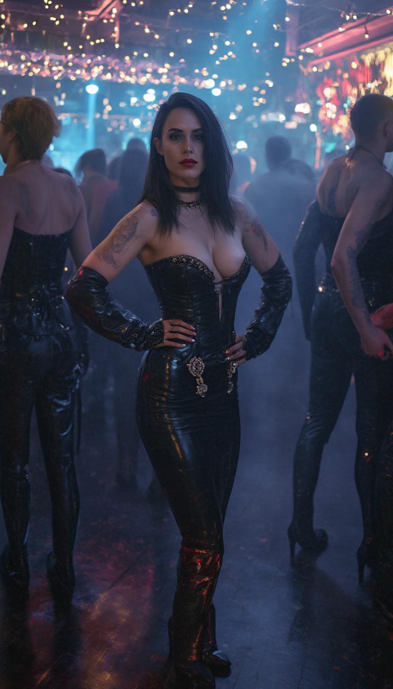 {
  "SHOT COMPOSITION": "Capture a medium shot of the woman standing confidently in the center of the frame, using a 50mm lens on a Sony A7S III camera with a shallow depth of field to blur the surrounding crowd slightly while keeping her sharply in focus, emphasizing her striking presence amid the bustling nightclub energy.",
  "SUBJECT & WARDROBE": "A beautiful mid-40s woman with goth pale skin, dark bold makeup, and shiny black lipstick poses with shiny black hair cascading over one shoulder while the opposite side is shaved down to fuzz; she wears a knee-length shiny black latex pencil skirt, a tight shiny black latex corset that accentuates her 50EE breasts, shiny black stiletto heels with crimson soles, elegant gold and ruby jewelry, shiny black latex fingerless gloves, and fingernails painted shiny black, her expression exuding mysterious allure as she stands poised with hands on hips.",
  "SCENE SETTING": "The scene unfolds in the heart of a dimly lit nightclub during late-night hours, with vibrant neon lights casting colorful glows and shadows across the space, surrounded by a crowd of similarly dressed partygoers in shiny black latex attire dancing and mingling, creating a dramatic and energetic atmosphere filled with pulsing music and hazy smoke.",
  "VISUAL STYLE": "Render in a cinematic film style with a dark, moody aesthetic, incorporating subtle film grain for texture and cool-toned color grading to enhance the goth vibe, evoking a high-fashion editorial look with glossy highlights on the latex surfaces and jewel sparkles."
}