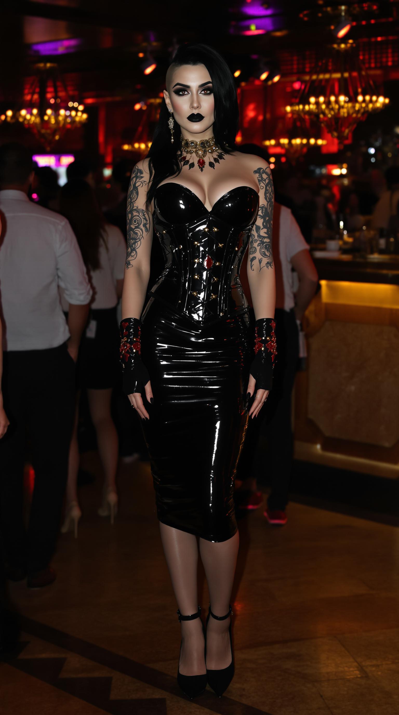 {
  "SHOT COMPOSITION": "Capture a medium shot of the woman standing confidently in the center of the frame, using a 50mm lens on a Sony A7S III camera with a shallow depth of field to blur the surrounding crowd slightly while keeping her sharply in focus, emphasizing her striking presence amid the bustling nightclub energy.",
  "SUBJECT & WARDROBE": "A beautiful mid-40s woman with goth pale skin, dark bold makeup, and shiny black lipstick poses with shiny black hair cascading over one shoulder while the opposite side is shaved down to fuzz; she wears a knee-length shiny black latex pencil skirt, a tight shiny black latex corset that accentuates her 50EE breasts, shiny black stiletto heels with crimson soles, elegant gold and ruby jewelry, shiny black latex fingerless gloves, and fingernails painted shiny black, her expression exuding mysterious allure as she stands poised. Her exposed skin is covered by tribal style tattoos.",
  "SCENE SETTING": "The scene unfolds in the heart of a dimly lit nightclub during late-night hours, with vibrant neon lights casting colorful glows and shadows across the space, surrounded by a crowd of similarly dressed partygoers in shiny black latex attire dancing and mingling, creating a dramatic and energetic atmosphere filled with pulsing music and hazy smoke.",
  "VISUAL STYLE": "Render in a cinematic film style with a dark, moody aesthetic, incorporating subtle film grain for texture and cool-toned color grading to enhance the goth vibe, evoking a high-fashion editorial look with glossy highlights on the latex surfaces and jewel sparkles."
}