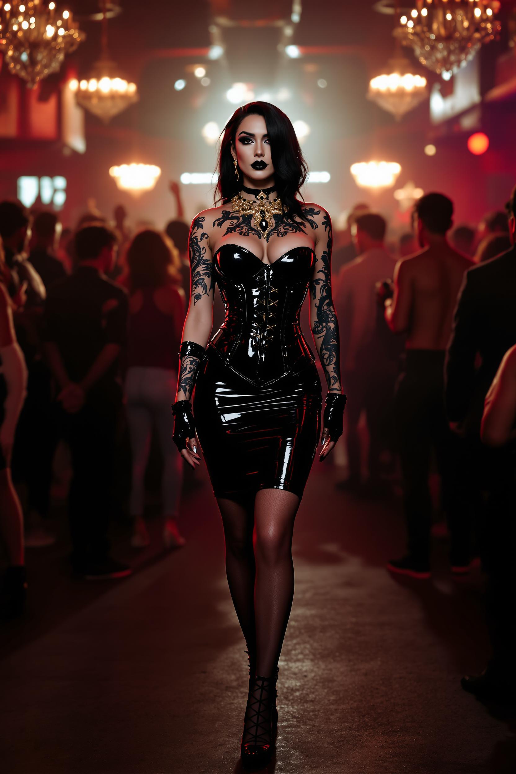 {
  "SHOT COMPOSITION": "Frame a dynamic medium shot of the woman standing confidently at the center, captured with a 50mm lens on a Sony A7S III camera, employing a shallow depth of field to softly blur the lively crowd behind her, drawing sharp focus to her commanding presence and the pulsating energy of the nightclub around her.",
  "SUBJECT & WARDROBE": "Depict a stunning mid-40s woman with ethereal goth pale skin, bold dark makeup, and glossy black lipstick, her shiny black hair cascading elegantly over one shoulder while the other side is shaved to a soft fuzz; she wears a sleek knee-length shiny black latex pencil skirt, a form-fitting shiny black latex corset that highlights her 50EE breasts, towering shiny black stiletto heels with vivid crimson soles, opulent gold and ruby jewelry, shiny black latex fingerless gloves, and fingernails lacquered in shiny black, her body adorned with intricate tribal-style tattoos on exposed skin, as she poses with a mysterious, alluring expression full of poise and intrigue.",
  "SCENE SETTING": "Set the scene in the vibrant core of a nightclub during the late-night peak, where colorful neon lights dance across the room casting glowing hues and deep shadows, enveloped by a throng of partygoers in matching shiny black latex outfits who dance and mingle energetically, with hazy smoke drifting through the air and the thrum of pulsing music infusing the space with a dramatic, high