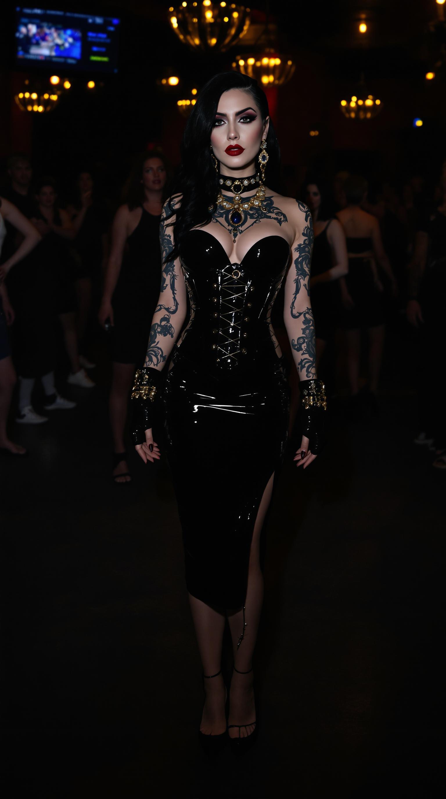 {
  "SHOT COMPOSITION": "Frame a dynamic medium shot of the woman standing confidently at the center, captured with a 50mm lens on a Sony A7S III camera, employing a shallow depth of field to softly blur the lively crowd behind her, drawing sharp focus to her commanding presence and the pulsating energy of the nightclub around her.",
  "SUBJECT & WARDROBE": "Depict a stunning mid-40s woman with ethereal goth pale skin, bold dark makeup, and glossy black lipstick, her shiny black hair cascading elegantly over one shoulder while the other side is shaved to a soft fuzz; she wears a sleek knee-length shiny black latex pencil skirt, a form-fitting shiny black latex corset that highlights her 50EE breasts, towering shiny black stiletto heels with vivid crimson soles, opulent gold and ruby jewelry, shiny black latex fingerless gloves, and fingernails lacquered in shiny black, her body adorned with intricate tribal-style tattoos on exposed skin, as she poses with a mysterious, alluring expression full of poise and intrigue.",
  "SCENE SETTING": "Set the scene in the vibrant core of a nightclub during the late-night peak, where colorful neon lights dance across the room casting glowing hues and deep shadows, enveloped by a throng of partygoers in matching shiny black latex outfits who dance and mingle energetically, with hazy smoke drifting through the air and the thrum of pulsing music infusing the space with a dramatic, high