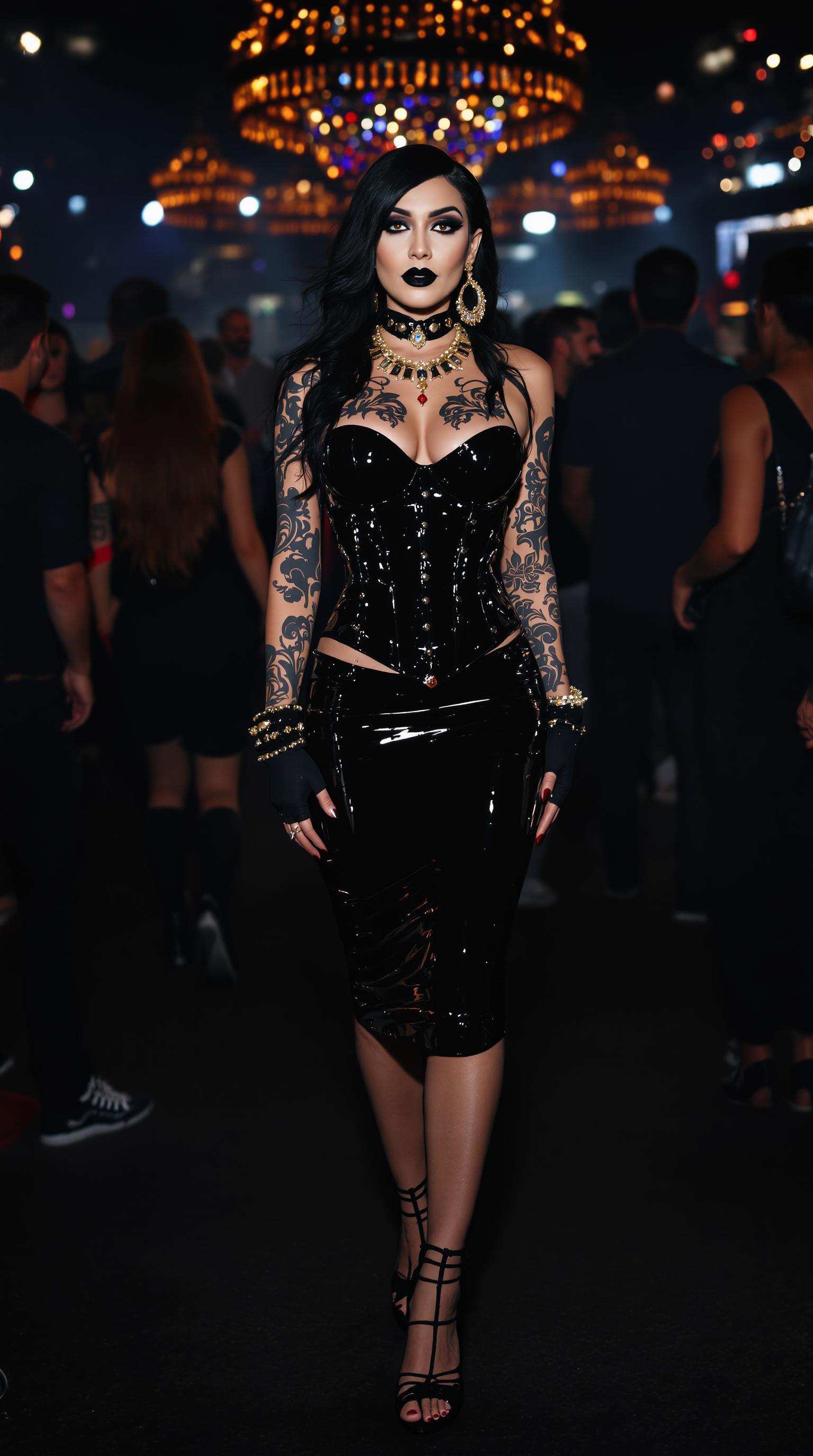 {
  "SHOT COMPOSITION": "Frame a dynamic medium shot of the woman standing confidently at the center, captured with a 50mm lens on a Sony A7S III camera, employing a shallow depth of field to softly blur the lively crowd behind her, drawing sharp focus to her commanding presence and the pulsating energy of the nightclub around her.",
  "SUBJECT & WARDROBE": "Depict a stunning mid-40s woman with ethereal goth pale skin, bold dark makeup, and glossy black lipstick, her shiny black hair cascading elegantly over one shoulder while the other side is shaved to a soft fuzz; she wears a sleek ankle-length shiny black latex pencil skirt, a form-fitting shiny black latex corset that highlights her 50EE breasts, towering shiny black stiletto heels with vivid crimson soles, opulent gold and ruby jewelry, shiny black latex fingerless gloves, and fingernails lacquered in shiny black, her body adorned with intricate tribal-style tattoos on exposed skin, as she poses with a mysterious, alluring expression full of poise and intrigue.",
  "SCENE SETTING": "Set the scene in the elegant ballroom of a high end hotel. Surrounded by a throng of partygoers in matching shiny black latex outfits who dance and mingle energetically
