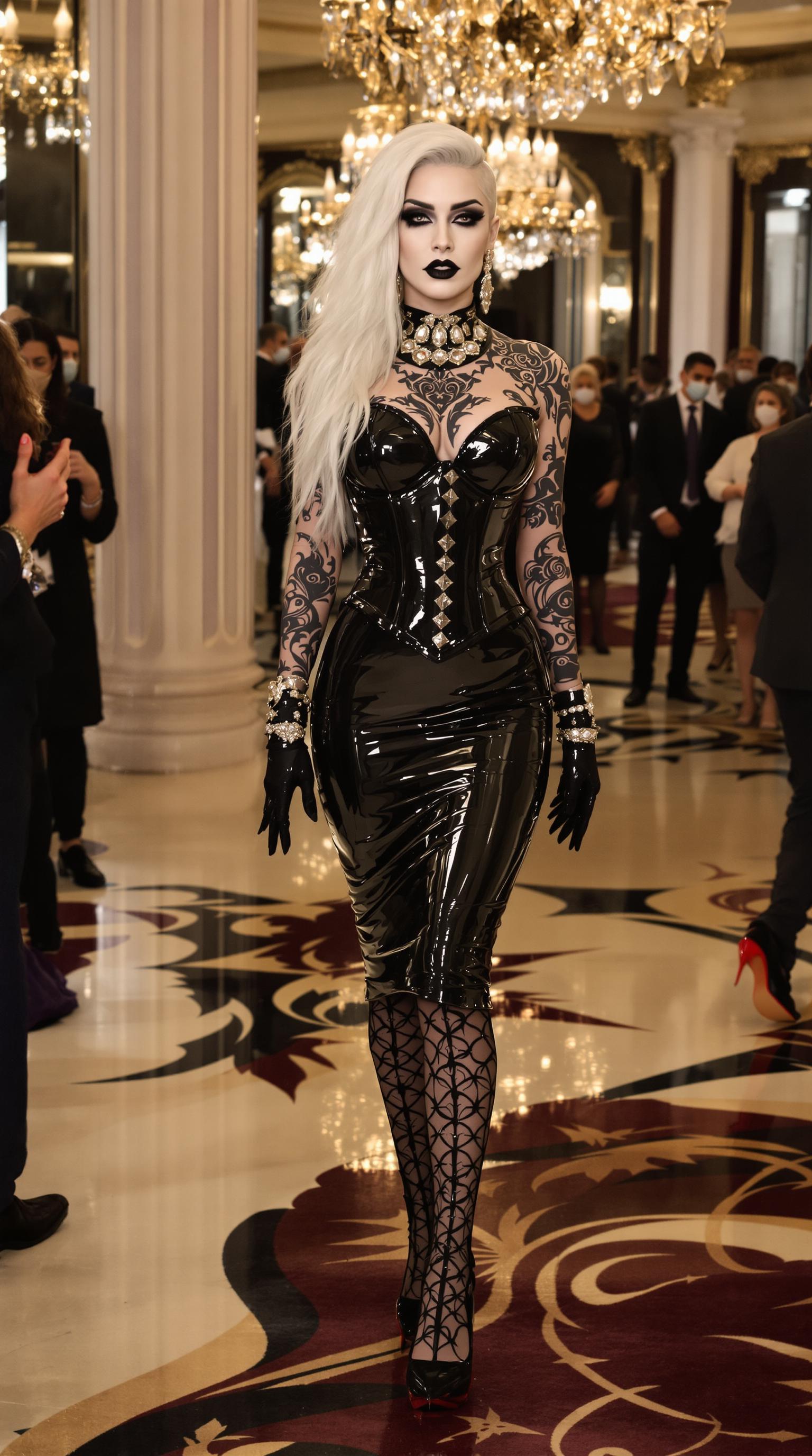 {
  "SHOT COMPOSITION": "Frame a dynamic medium shot of the woman standing confidently at the center, 
  "SUBJECT & WARDROBE": "Depict a stunning mid-40s woman with ethereal goth pale skin, bold dark makeup, and glossy black lipstick, her shiny white hair cascading elegantly over one shoulder while the other side is shaved to a soft fuzz; she wears a sleek ankle-length shiny black latex pencil skirt, a form-fitting shiny black latex corset that highlights her 50EE breasts, towering shiny black stiletto heels with vivid crimson soles, opulent gold and ruby jewelry, shiny black latex fingerless gloves, and fingernails lacquered in shiny black, her body adorned with intricate tribal-style tattoos on exposed skin, as she poses with a mysterious, alluring expression full of poise and intrigue.",
  "SCENE SETTING": "Set the scene in the elegant ballroom of a high end hotel. Surrounded by a throng of partygoers in matching shiny black latex outfits who dance and mingle energetically