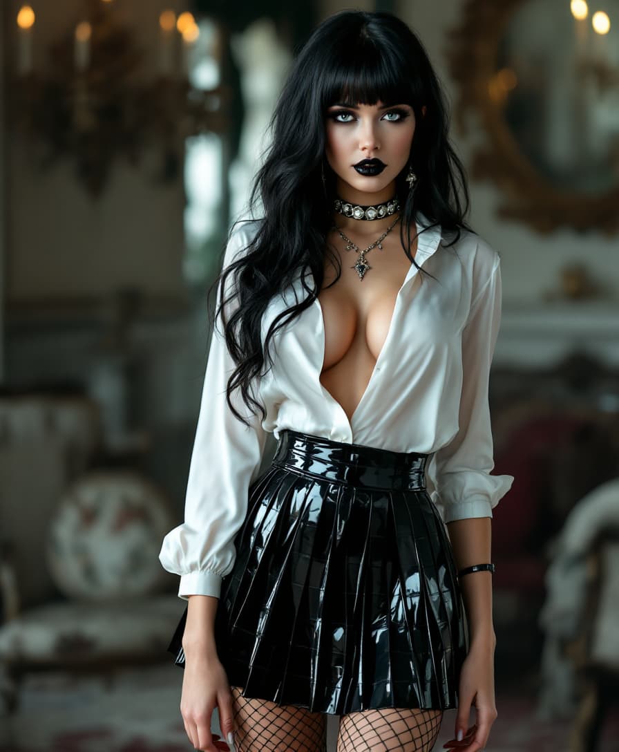 Mid 20s, big blue eyes, shiny black hair ample  and silky hanging down over one shoulder in gentle waves. 44DD breasts. Wearing a sleek and shiny white latex blouse with a plunging neckline revealing her ample cleavage, a shiny black latex pleated plaid miniskirt. goth fishnet style stockings and 6 inch high ballet stiletto heels. Standing in an elegant Victorian-style parlour. An elegant metal collar circles her throat. The picture is a full body shot. Her makeup is heavy and dark a bold statement of her goth style, shiny black lipstick. 