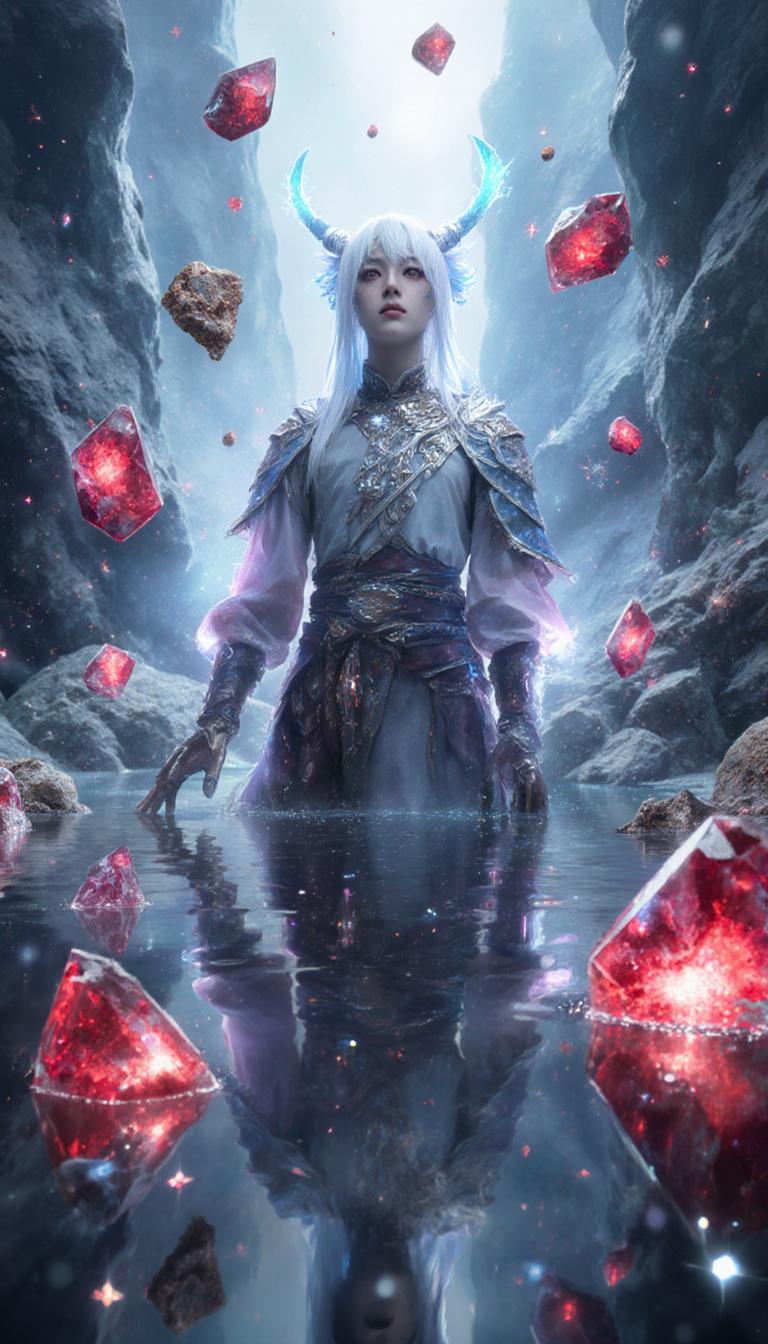 <lora:Urushihara Satoshi_XL_PONY_V2:1> ,,, looking up, solo, half shot, detailed background, close up, cold detailed face, (high fantasy medieval theme:1.1), crystal mage, crystal themed clothes, rocks floating in the air, glowing magical crystals, surrounded by red magical gems, pyrite, rock formations, magical floating particles, crystal glass, crystal dust, icy canyon background, (shallow water:0.7), intense cinematic ethereal atmosphere, backlighting, reflections, updraft,
