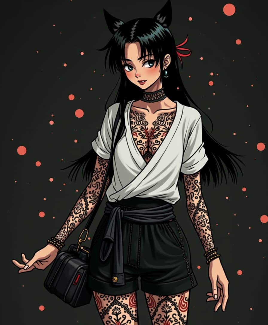 anime character, add tribal-style tattoos