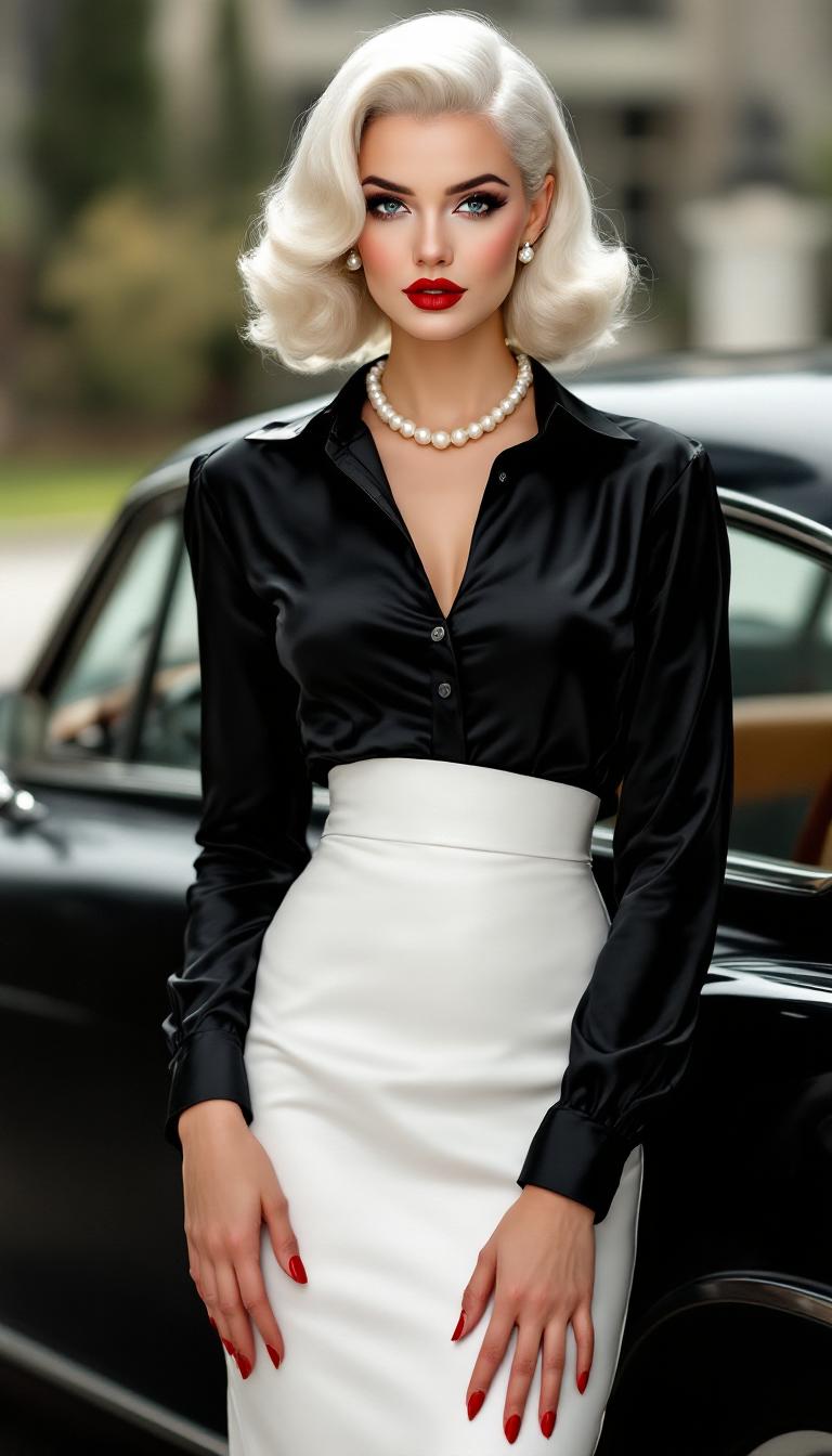 Pale, shoulder length white hair set in a 1950s pinup girl style. Dressed in a shiny black silk long sleeve dress shirt. white leather knee length pencil skirt.  Black patent leather mary jane heels. Bold makeup, shiny blood red lips. An elegant single string of pearls circles her throat. Standing by the side of her expensive luxury car. Blood red fingernails. Pearl drop style earring. 55DD breasts.