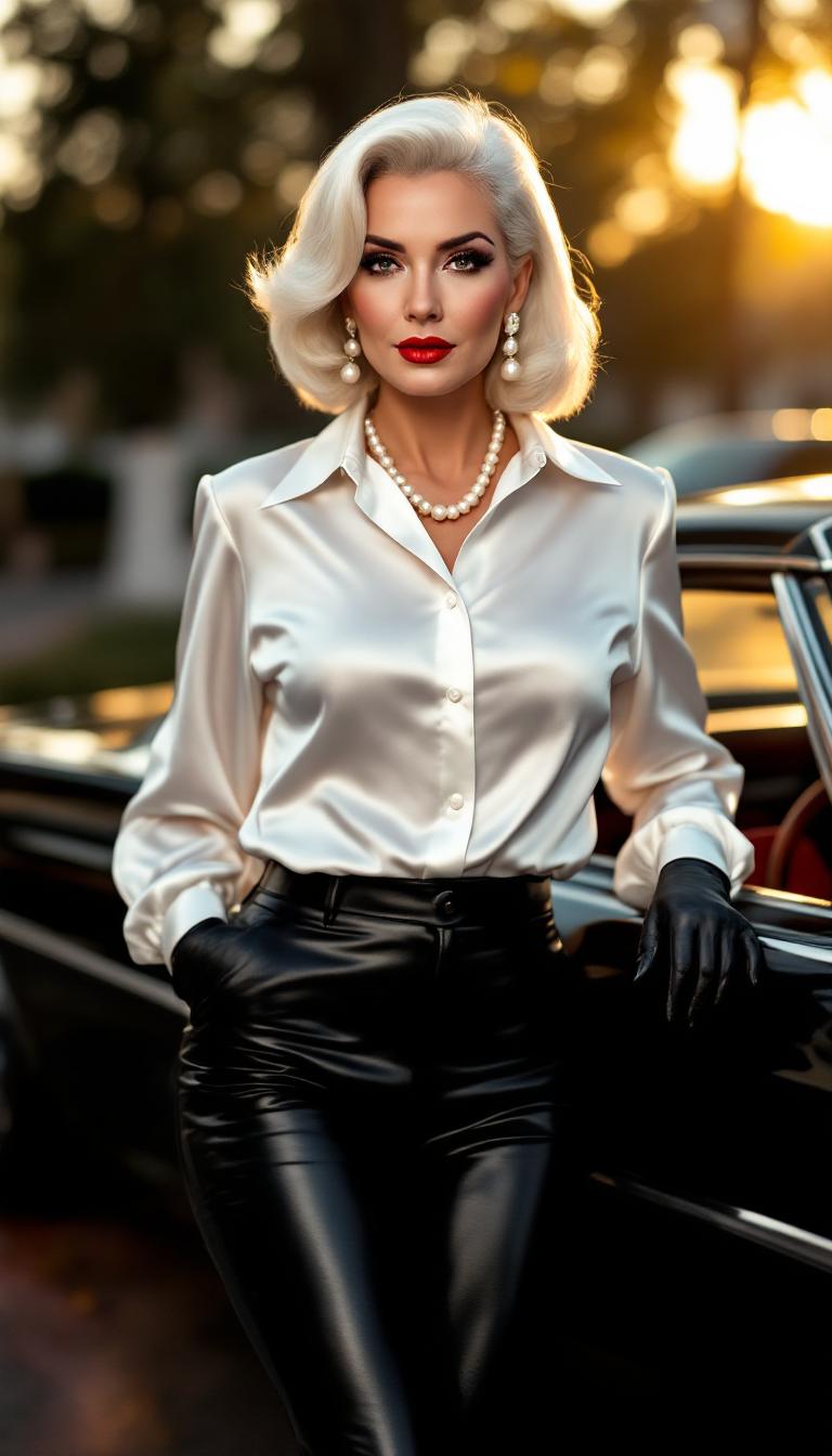 {
  "SHOT COMPOSITION": "Medium shot captured with a Canon 5D camera using an 85mm portrait lens, featuring a shallow depth of field to softly blur the background while keeping the subject in sharp focus, framing her from the waist up as she stands confidently beside her car.",
  "SUBJECT & WARDROBE": "A mature mid-60s woman with pale, shoulder-length white hair styled in a glamorous 1950s pinup girl fashion, her bold makeup highlighting shiny blood-red lips, adorned with an elegant single string of pearls around her throat and pearl drop-style earrings, dressed in a shiny white silk long-sleeve dress shirt unbuttoned slightly to reveal her ample 55GG breasts, paired with shiny and skintight black leather pants, black patent leather Mary Jane heels, and sleek skintight black riding gloves, as she poses with a sultry expression and one hand resting on her hip.",
  "SCENE SETTING": "Set outdoors in an upscale urban driveway during golden hour sunset, with warm sunlight casting a flattering glow on her figure and the sleek lines of her expensive luxury car parked nearby, creating a luxurious and intimate atmosphere with subtle shadows and highlights emphasizing the shiny textures of her outfit.",
  "VISUAL STYLE": "Cinematic film aesthetic with a vintage pinup vibe, incorporating subtle film grain and rich color grading in warm tones to evoke a high-end fashion editorial, ensuring high detail and realistic textures for a polished, professional look."
}
