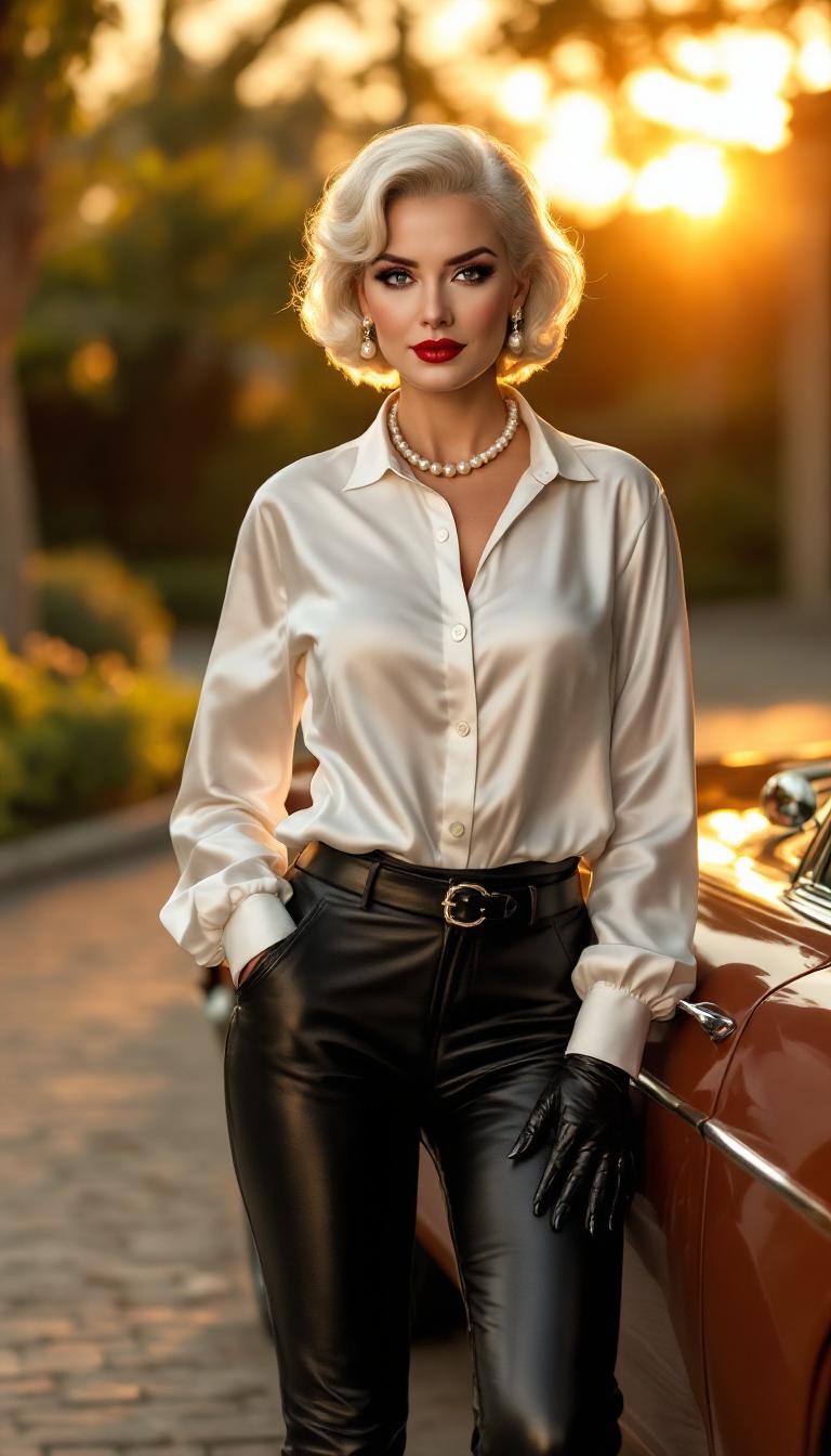 {
  "SHOT COMPOSITION": "far shot captured with a Canon 5D camera using an 85mm portrait lens, featuring a shallow depth of field to softly blur the background while keeping the subject in sharp focus, framing her from the waist up as she stands confidently beside her car.",
  "SUBJECT & WARDROBE": "A mature mid-60s woman with pale, shoulder-length white hair styled in a glamorous 1950s pinup girl fashion, her bold makeup highlighting shiny blood-red lips, adorned with an elegant single string of pearls around her throat and pearl drop-style earrings, dressed in a shiny white silk long-sleeve dress shirt unbuttoned slightly to reveal her ample 55GG breasts, paired with shiny and skintight black leather pants, black patent leather Mary Jane heels, and sleek skintight black riding gloves, as she poses with a sultry expression and one hand resting on her hip.",
  "SCENE SETTING": "Set outdoors in an upscale urban driveway during golden hour sunset, with warm sunlight casting a flattering glow on her figure and the sleek lines of her expensive luxury car parked nearby, creating a luxurious and intimate atmosphere with subtle shadows and highlights emphasizing the shiny textures of her outfit.",
  "VISUAL STYLE": "Cinematic film aesthetic with a vintage pinup vibe, incorporating subtle film grain and rich color grading in warm tones to evoke a high-end fashion editorial, ensuring high detail and realistic textures for a polished, professional look."
}