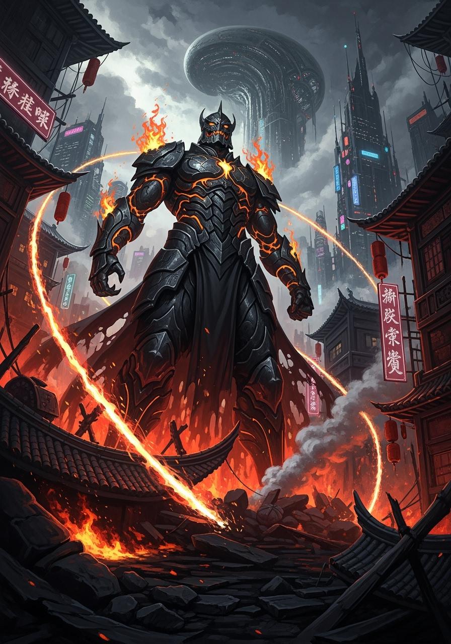 Colossal demon knight engulfed in molten fire, towering over futuristic neon city skyline, armored with volcanic black steel and glowing magma veins, cinematic chaos with crumbling buildings, blazing embers and smoke trails, ultra-sharp detail, vivid high-contrast flames and metallic armor, reflective lighting designed for large-format metal poster display
