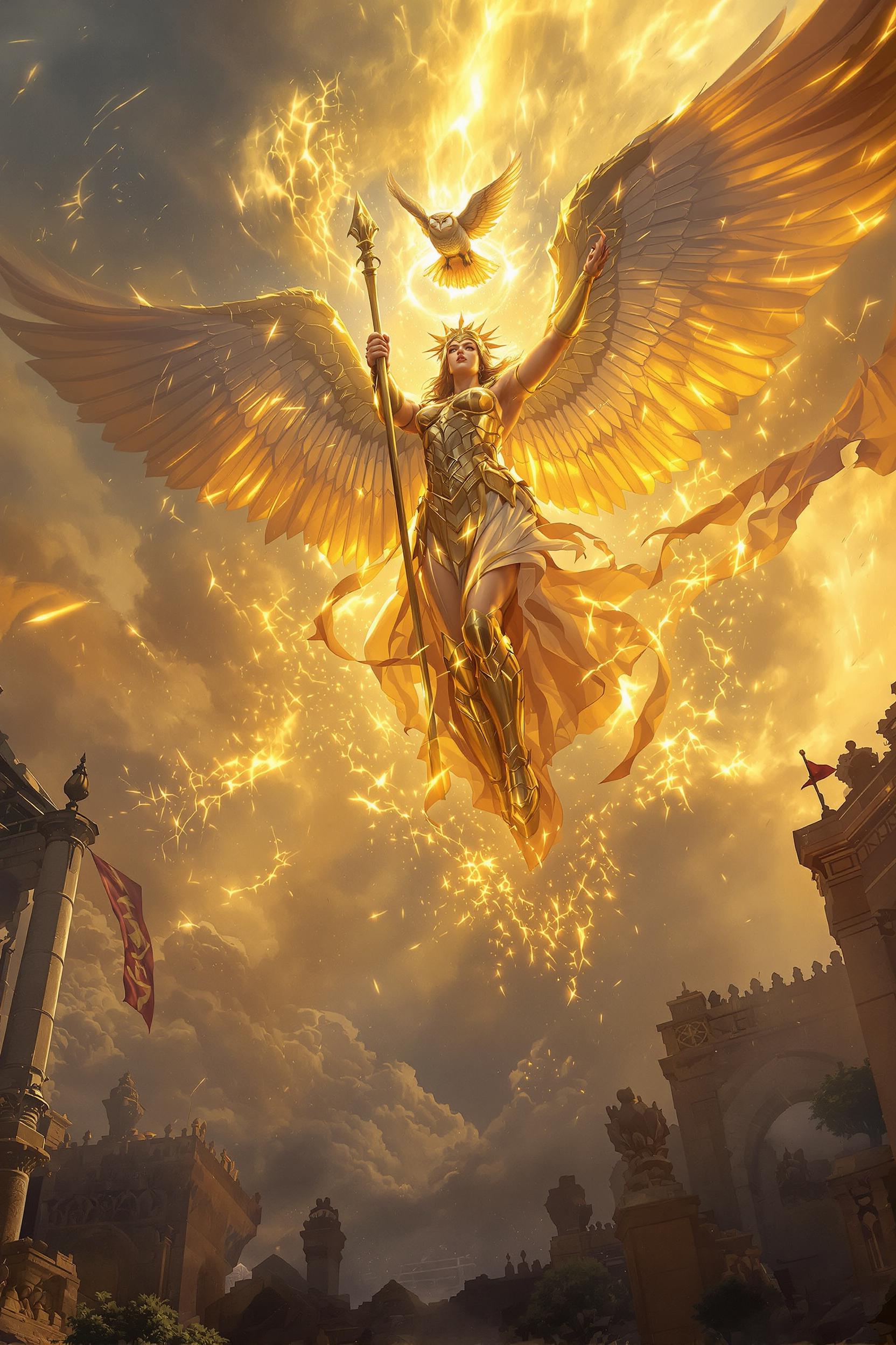 Athena descends from the fractured heavens, golden armor ablaze with the first breath of dawn, each plate shimmering like molten sunlight. Her owl arcs beside her, wings slicing through mist, eyes reflecting both wisdom and war. From the low vantage, her presence is titanic marble ruins crumble at her back, torn banners whip violently in the storm’s retreat, as if the old world shatters beneath her return. The morning light pierces through thunderclouds in radiant spears, crowning her figure with a halo of divinity. The air shimmers between gold and sapphire, power and serenity, evoking reverence and dread in equal measure. Cinematic hyper-realism, intricate textures that breathe myth into steel and stone, every detail vibrating with the weight of legend. --no purple --no blur --chaos 15 --ar 2:3 --exp 70 --raw --profile r4z7ro6