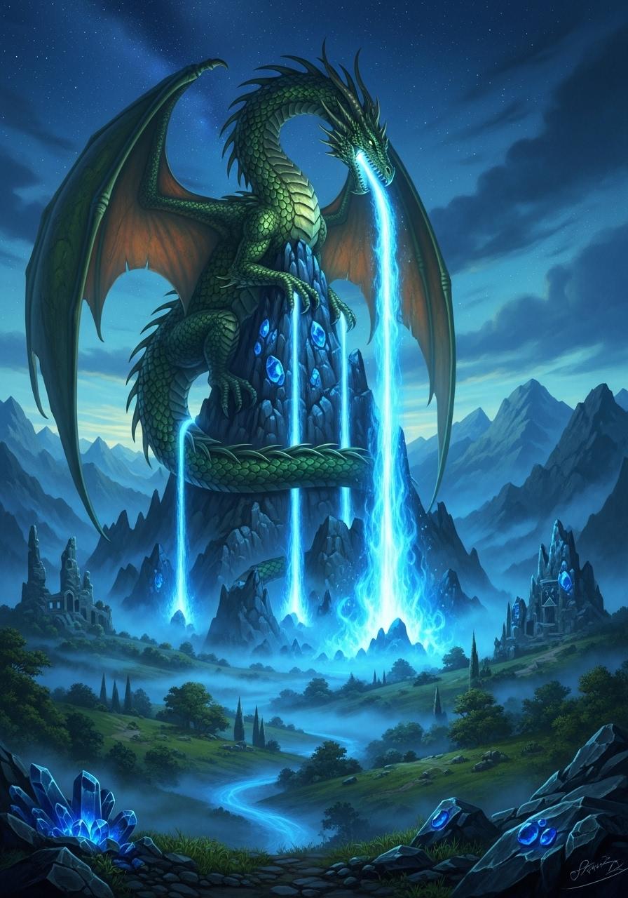 {
  "SHOT COMPOSITION": "A wide shot captured with a 24mm wide-angle lens on a Canon 5D camera, emphasizing the epic scale of the scene with a deep depth of field to keep both the foreground dragon and distant valley in sharp focus, framed in a vertical 2:3 aspect ratio to heighten the towering presence.",
  "SUBJECT & WARDROBE": "A massive, towering dragon with iridescent scales that shimmer like polished emeralds, its serpentine body elegantly curled around the jagged peaks of a crystalline mountain, wings partially unfurled and eyes glowing with ancient wisdom, exhaling streams of glowing blue flames that cascade downward.",
  "SCENE SETTING": "Set against a majestic crystalline mountain that sparkles with embedded quartz and gems under a starry night sky, the valley below is illuminated solely by the ethereal blue glow of the dragon's flames, creating a mystical atmosphere with shadows dancing across lush, foggy meadows and distant ancient ruins.",
  "VISUAL STYLE": "Rendered in a painterly fantasy style reminiscent of classic oil paintings by artists like John Howe, with rich textures, vibrant color grading featuring deep blues and contrasting warm highlights from the flames, and a subtle grain texture to evoke a timeless, epic narrative feel."
}