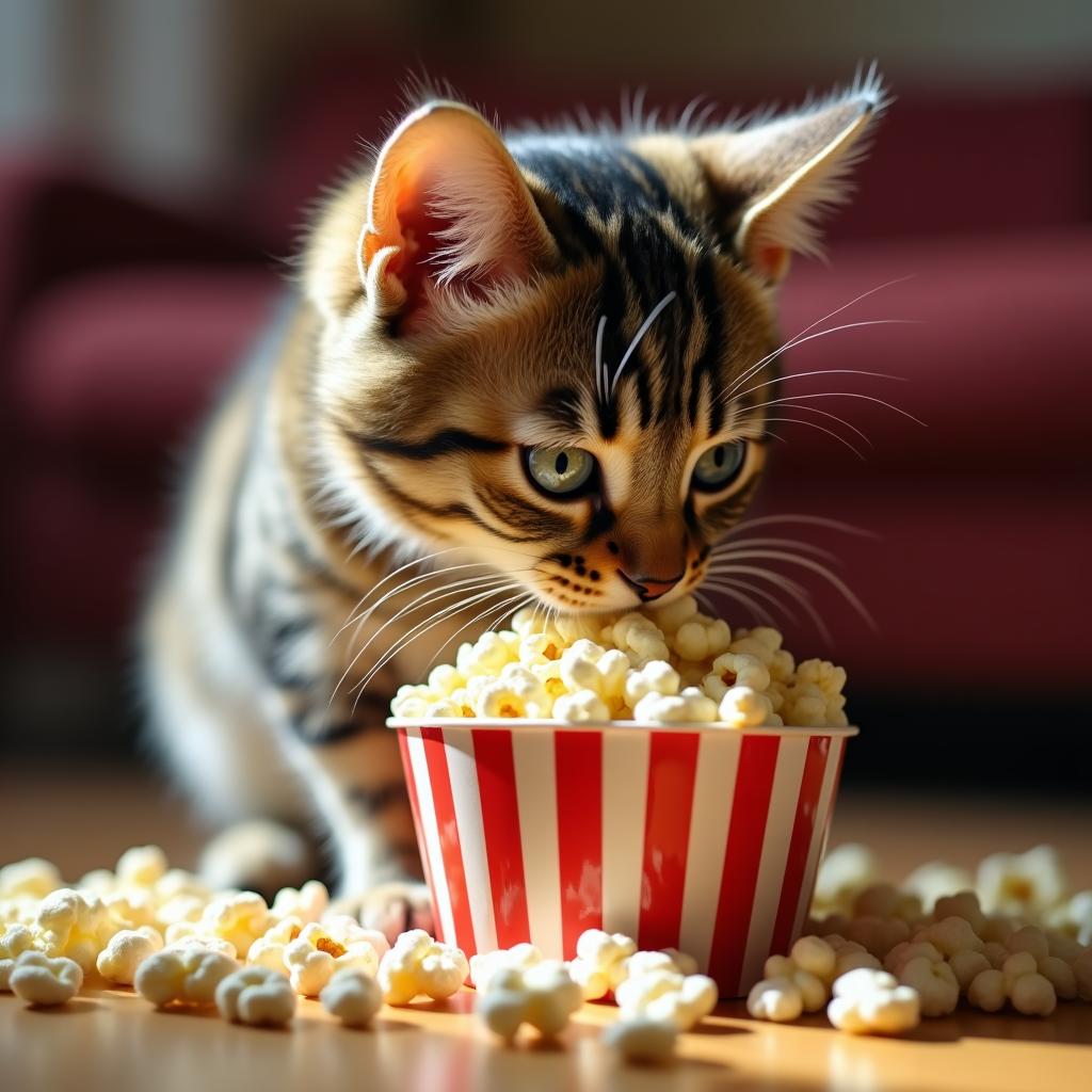 a cat eating popcorn
