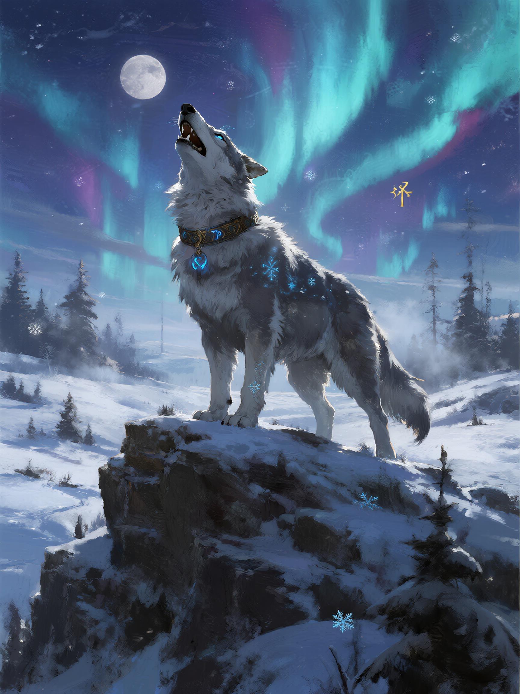 A majestic silver wolf with glowing blue eyes, fur detailed with frost crystals, wearing an ancient rune-carved collar, standing proudly atop a cliff, howling at a full moon, in a frozen Nordic forest under swirling auroras, cinematic volumetric lighting with soft moonlight and ethereal glows, icy blues, silvers, deep purples, and subtle gold accents, digital painting in the style of Greg Rutkowski and Artgerm, hyper-detailed fantasy illustration, wide-angle shot from a low angle, shallow depth of field, dynamic symmetry, mystical, serene, and awe-inspiring, snowflakes suspended in air, ancient Nordic symbols floating faintly in the sky, mist rising from the ground, 8K resolution, ultra-detailed, sharp focus, intricate textures, HDR, photorealistic rendering --ar 16:9 --exp 75