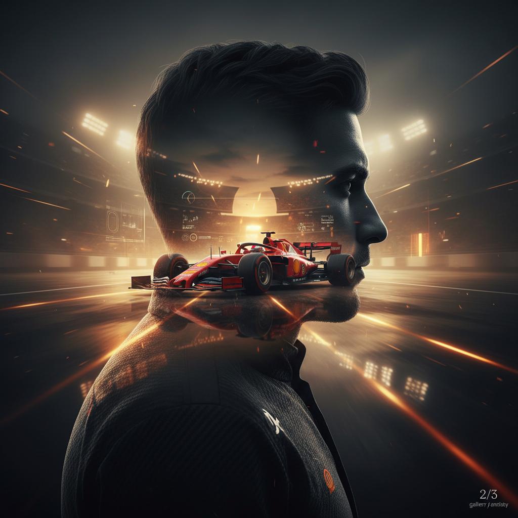 A breathtaking futuristic double exposure portrait of a legendary Formula 1 driver, their silhouette composited with the adrenaline world of Ferrari racing (Core Subject), created in a hybrid style of photorealism, surreal double exposure, and cinematic compositing (Style), rendered as a digital matte painting with hyper-detailed photoreal textures (Medium). The image embodies the emotion of legendary speed, precision, and Ferrari’s timeless legacy (Emotion), illuminated by warm cinematic stadium lighting with glowing reflections on wet asphalt (Lighting). The composition centers the silhouette as focal point, blending seamlessly into the racetrack within (Composition), with a vivid Ferrari Rosso Corsa red palette accented by warm amber and golden tones (Color Palette). Inside the silhouette, a classic Ferrari F1 car races at twilight, its motion blurred against jet-black carbon fiber textures and glowing telemetry HUD overlays (Background & Symbolism). Surfaces shimmer with glossy reflections, wet asphalt textures, and kinetic digital flare effects (Textures). The car is enhanced with subtle telemetry overlays, kinetic energy lines, and futuristic HUD markers (Material Innovation + Symbolism), reinforcing both heritage and innovation. The surrounding space dissolves into warm grey gradients and golden mist (Atmospheric Effects), avoiding cold tones to preserve vibrancy and depth. The scene captures a timeless motorsport tribute, bridging Ferrari’s historic past with a futuristic vision (Era). Shot with a cinematic Arri Alexa LF perspective, 85mm Zeiss Master Prime lens, shallow depth of field (Camera), the artwork radiates hyper-detailed surfaces, glowing Ferrari reds and yellows, photorealistic reflections, and a dynamic energy. Produced at 64K, 300 dpi, 2:3 ratio, gallery print ready, --no blur --no watermark (Quality & Negatives). --ar 2:3 --raw