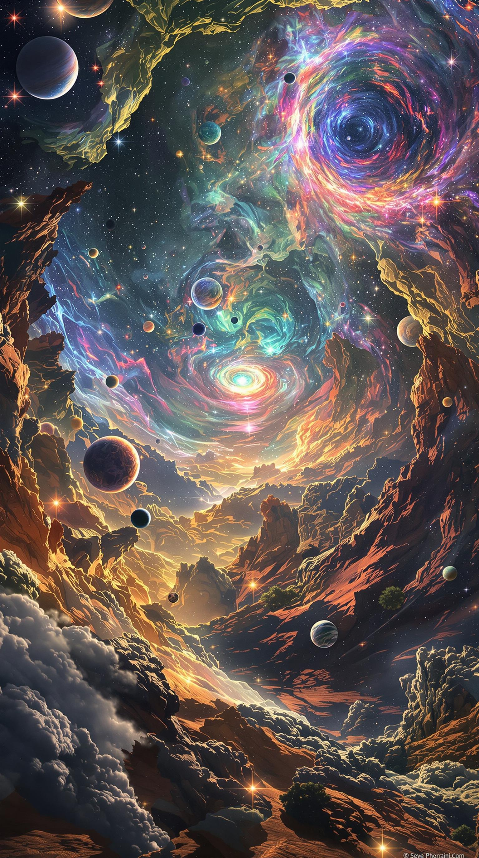 an intersection of universes, the place where the 19-dimensional manifolds of the infinite combine into an melange of colors, landscapes, galaxies, and planets, sharp focus, intricate, cinematic color, extremely detailed, beautiful, light, stunning, highly detail, winning grand amazing artistic, great composition, ambient, epic, fine vivid, dynamic, elegant, pure brilliant quality