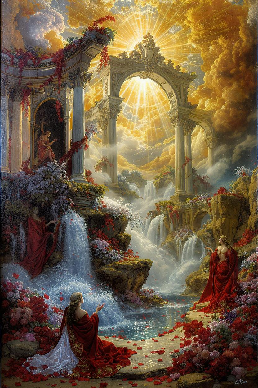 a renaissance painting of romantic ruins, massive royal holy majestic, elegant, highly detailed, saturated colors, cinematic, vivid composition, beautiful light, sharp, focus, intricate,, atmosphere, extremely complimentary color, perfect, aesthetic, very inspirational, innocent, fine detail, clear artistic, novel, gorgeous, amazing scenic background, creative, appealing, awesome, dramatic ambient, thought