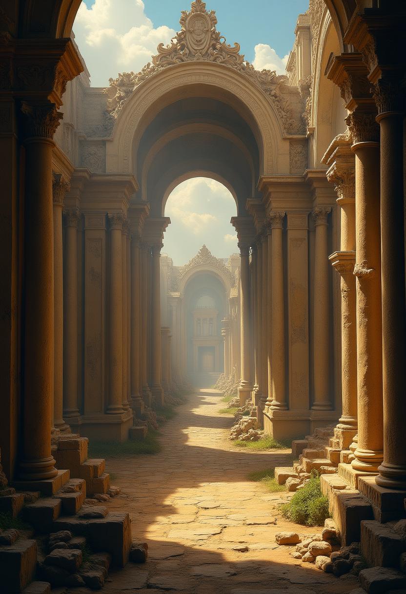 a renaissance painting of romantic ruins, massive royal holy majestic, elegant, highly detailed, saturated colors, cinematic, vivid composition, beautiful light, sharp, focus, intricate,, atmosphere, extremely complimentary color, perfect, aesthetic, very inspirational, innocent, fine detail, clear artistic, novel, gorgeous, amazing scenic background, creative, appealing, awesome, dramatic ambient, thought